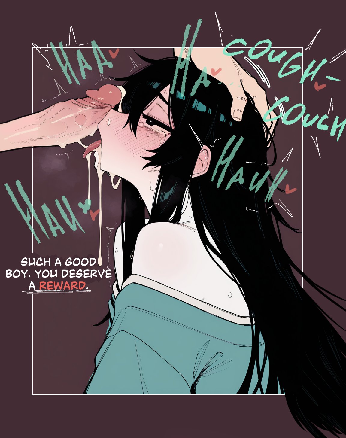 2boys, after oral, after sex, ai generated, black hair, blush, clothing, cum, cum drip, cum in mouth, cum on face, dialogue, femboy, good boy, hand on head, long hair, penis, praise, tagme, tears, whinyzza, yaoi