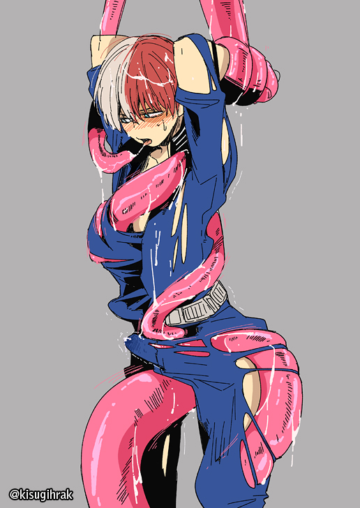 1boy, blue eyes, blush, burn scar, color, cum, digital media (artwork), male, male only, multicolored hair, my hero academia, red hair, restrained, scar, shouto todoroki, sweat, tentacle, tentacle on male, tentacles on male, torn clothes, u.a. school uniform, white hair