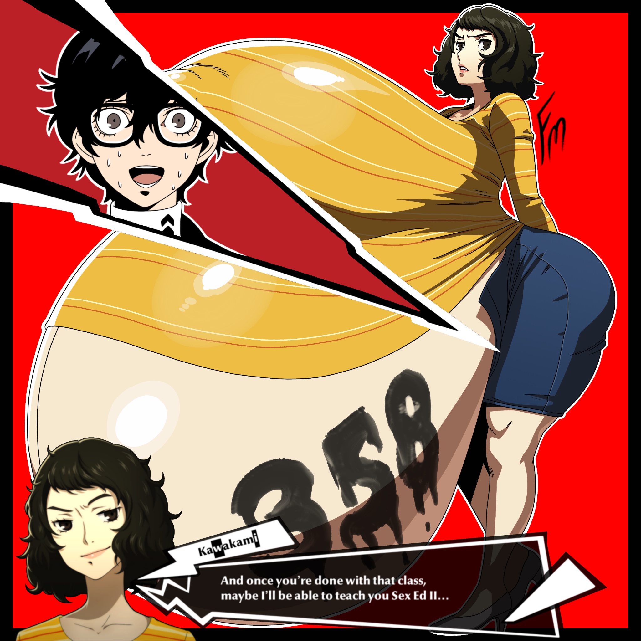 1boy, 1girls, akira kurusu, ass, big ass, big belly, big breasts, big nipples, breasts, brown eyes, brown hair, female, full body, fungus-man, gigantic belly, gigantic breasts, gigantic nipples, hands behind back, huge ass, huge belly, huge breasts, huge nipples, hyper, hyper belly, hyper breasts, hyper nipples, hyper pregnancy, jean skirt, joker (persona), large ass, large belly, large breasts, large nipples, light skin, light-skinned female, male, mature female, navel, nipples, persona, persona 5, popped navel, pregnancy mark, pregnancy tally, pregnant, pregnant female, ren amamiya, sadayo kawakami, sweater, tagme, teacher, teacher and student, text, text bubble