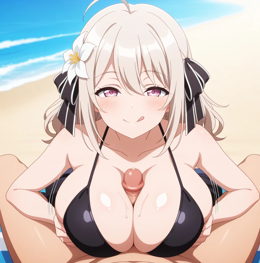 1boy, 1girls, ai generated, beach, big penis, bikini, blowjob, blush, bouncing breasts, breast grab, breasts, censored, female, flower in hair, gigantic breasts, hair ribbon, huge breasts, huge cock, light skin, light-skinned female, light-skinned male, lily (spy kyoushitsu), looking at viewer, male, massive breasts, medium hair, nude, nude male, oral sex, paizuri, penis, pink eyes, precum, smiling, spy kyoushitsu, squatting, sweat, sweatdrop, thick body, thick female, titjob, tongue in mouth, veiny penis, voluptuous, voluptuous female, white hair, zenky-kun