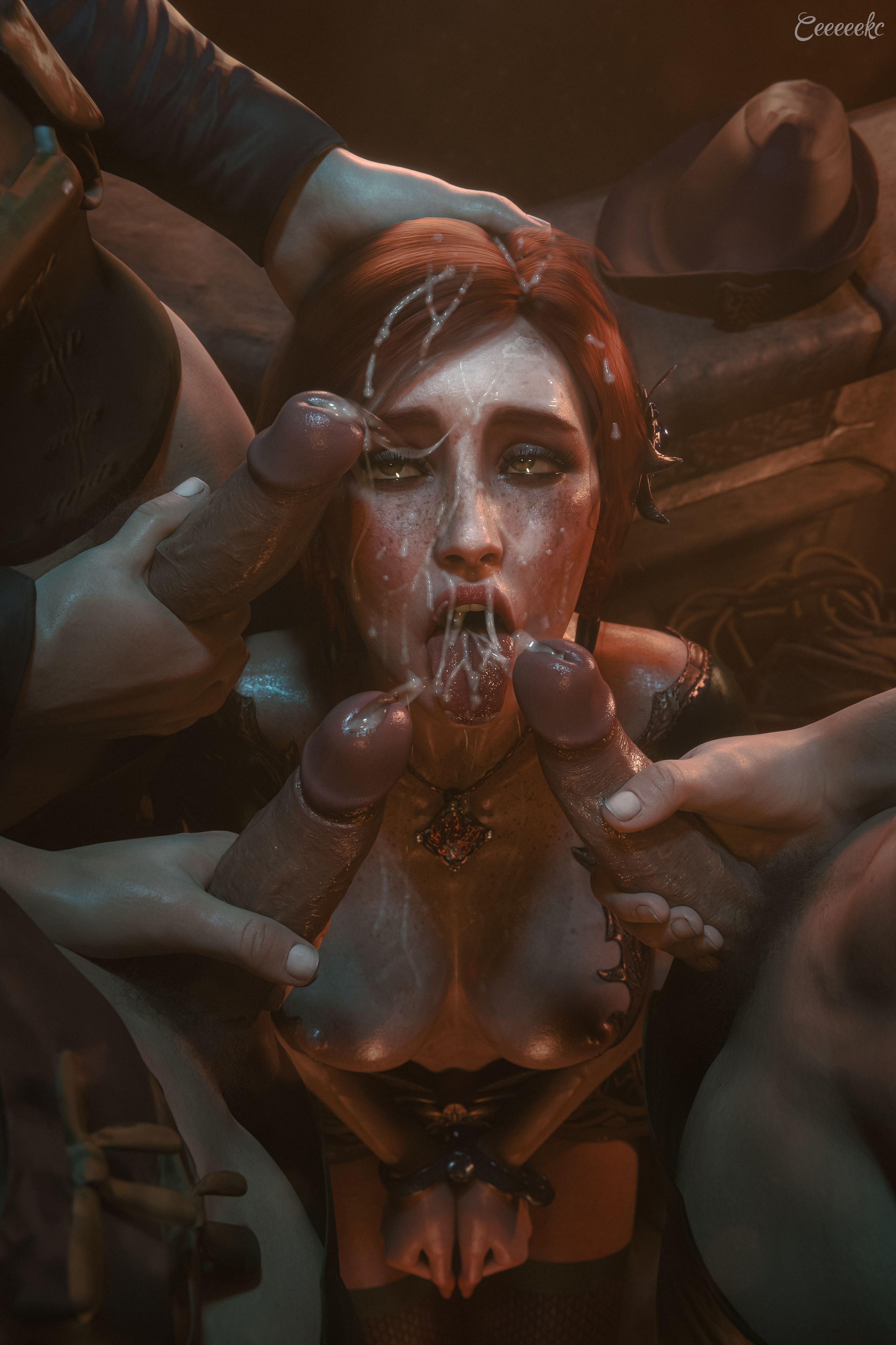 1girls, 2025, 3boys, 3d, areolae, blowbang, blue eyeshadow, breasts, breasts out, bukkake, ceeeeekc, clothed, clothed female, clothed male, covered in cum, cum, cum between breasts, cum drip, cum dripping down chin, cum on face, cum on hair, cum on tongue, cum string, dubious consent, eyeshadow, female, female focus, foreskin, freckes on face, freckles, freckles on chest, ginger, ginger hair, green eyes, handcuffed, hands tied, heavy makeup, highly detailed, indoors, kneeling, kneeling on ground, lipstick, long hair, looking up, looking up at partner, male, medium breasts, nipples, penis, penis out, retracted foreskin, shirt, short sleeves, sticking out tongue, sticking tongue out, the witcher (series), the witcher 3: wild hunt, thigh highs, thighhighs, tied hair, triss merigold, uncircumcised