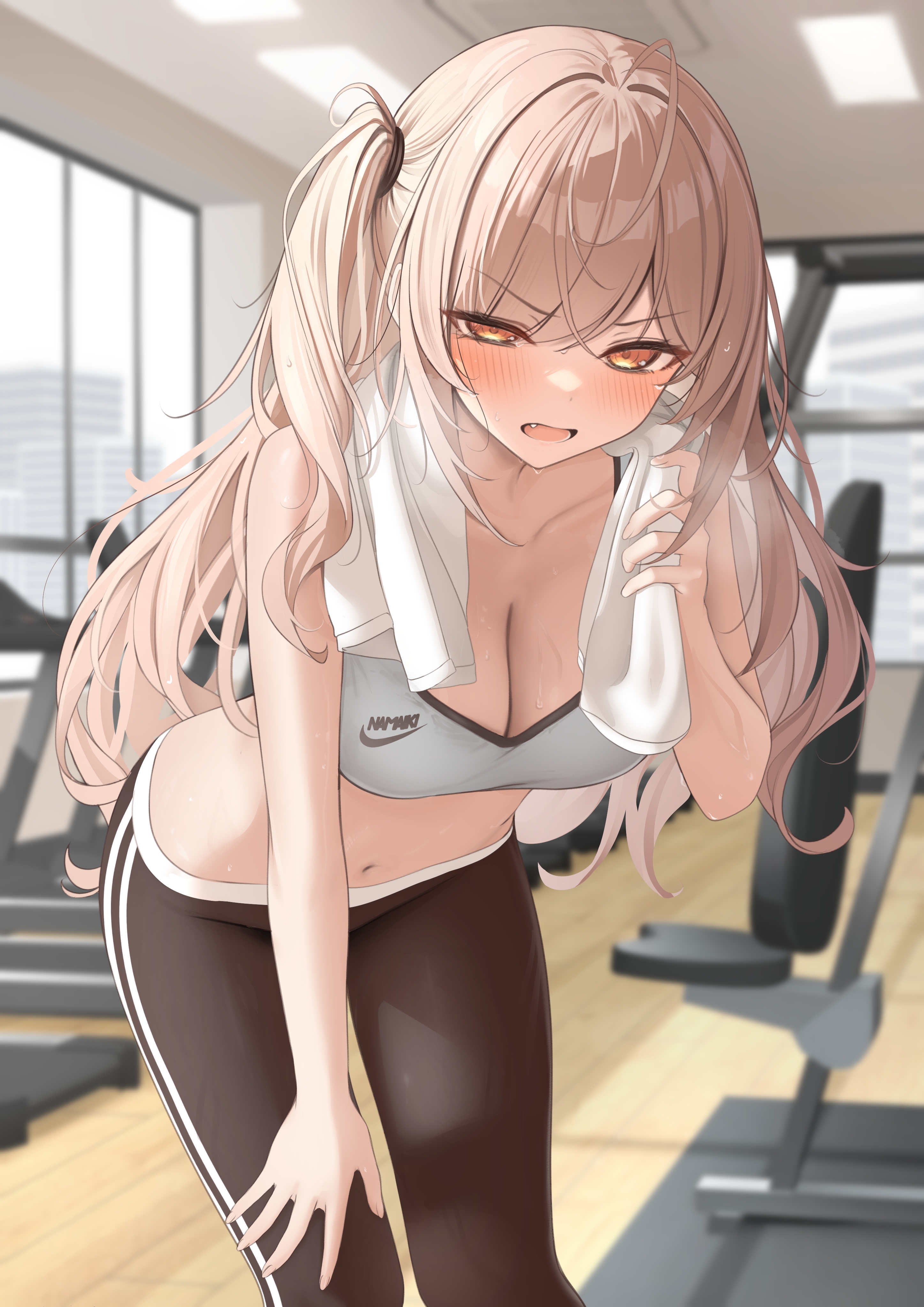 bare arms, bare shoulders, black pants, blush, breasts, brown eyes, brown hair, cleavage, collarbone, female, grey sports bra, highres, imouto-chan (monaka curl), indoors, large breasts, leaning forward, long hair, looking at viewer, monaka curl, navel, open mouth, original, pants, side ponytail, solo, sports bra, stomach, sweat, towel, towel around neck