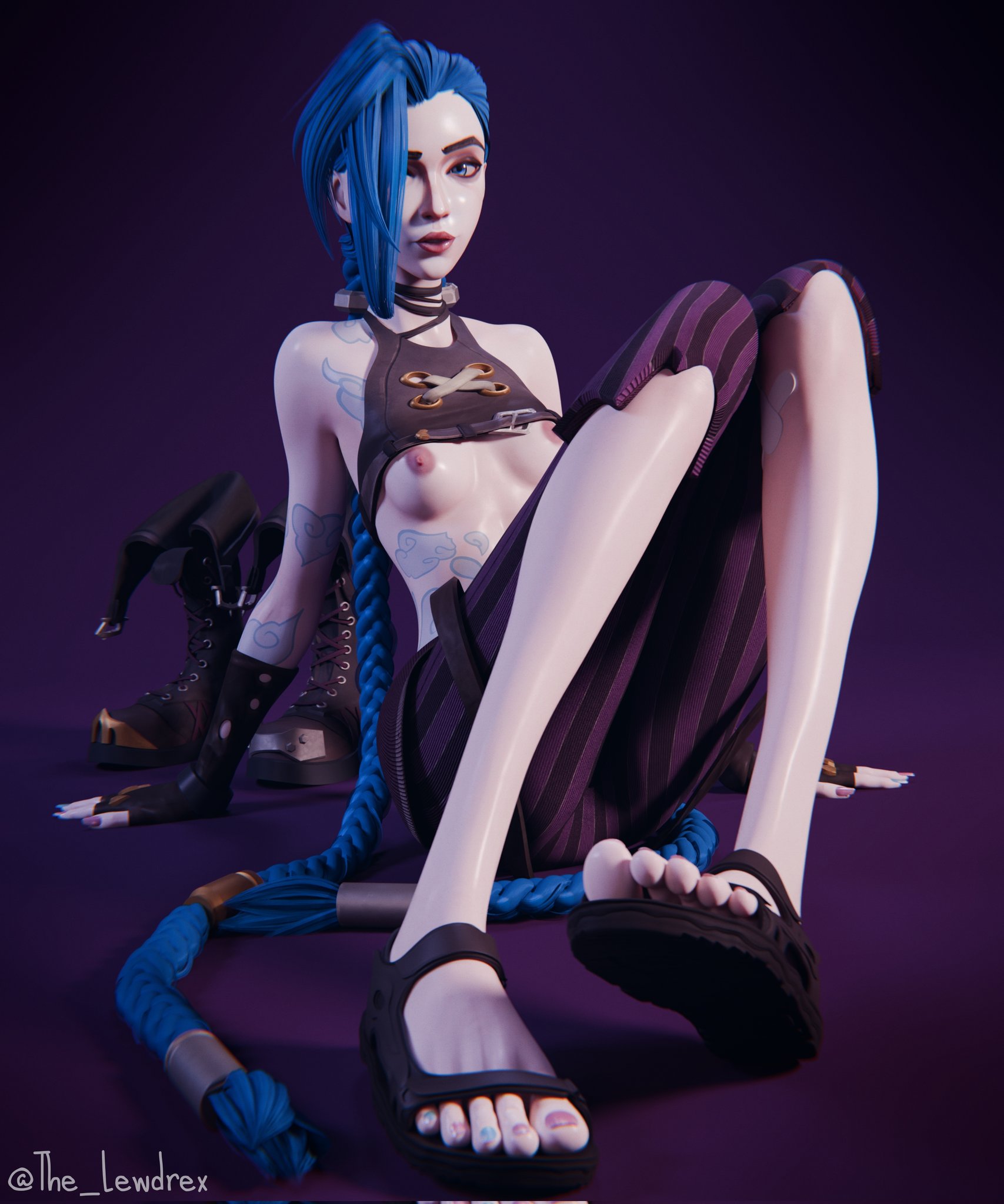 1girls, 2025, 3d, 3d (artwork), alternate version available, alternately painted toenails, arcane, arcane jinx, areolae, blender, blue eyes, blue hair, breasts, feet, female, female only, highres, jinx (league of legends), league of legends, lewdrex, light skin, light-skinned female, long hair, looking at viewer, netflix, nipples, pale skin, pale-skinned female, petite, petite body, ponytail, presenting breasts, presenting feet, riot games, showing off, simple background, sitting, small breasts, tank top, tank top lift, tattoo, tattoos, teenage female, teenager, top lift, very long hair, watermark