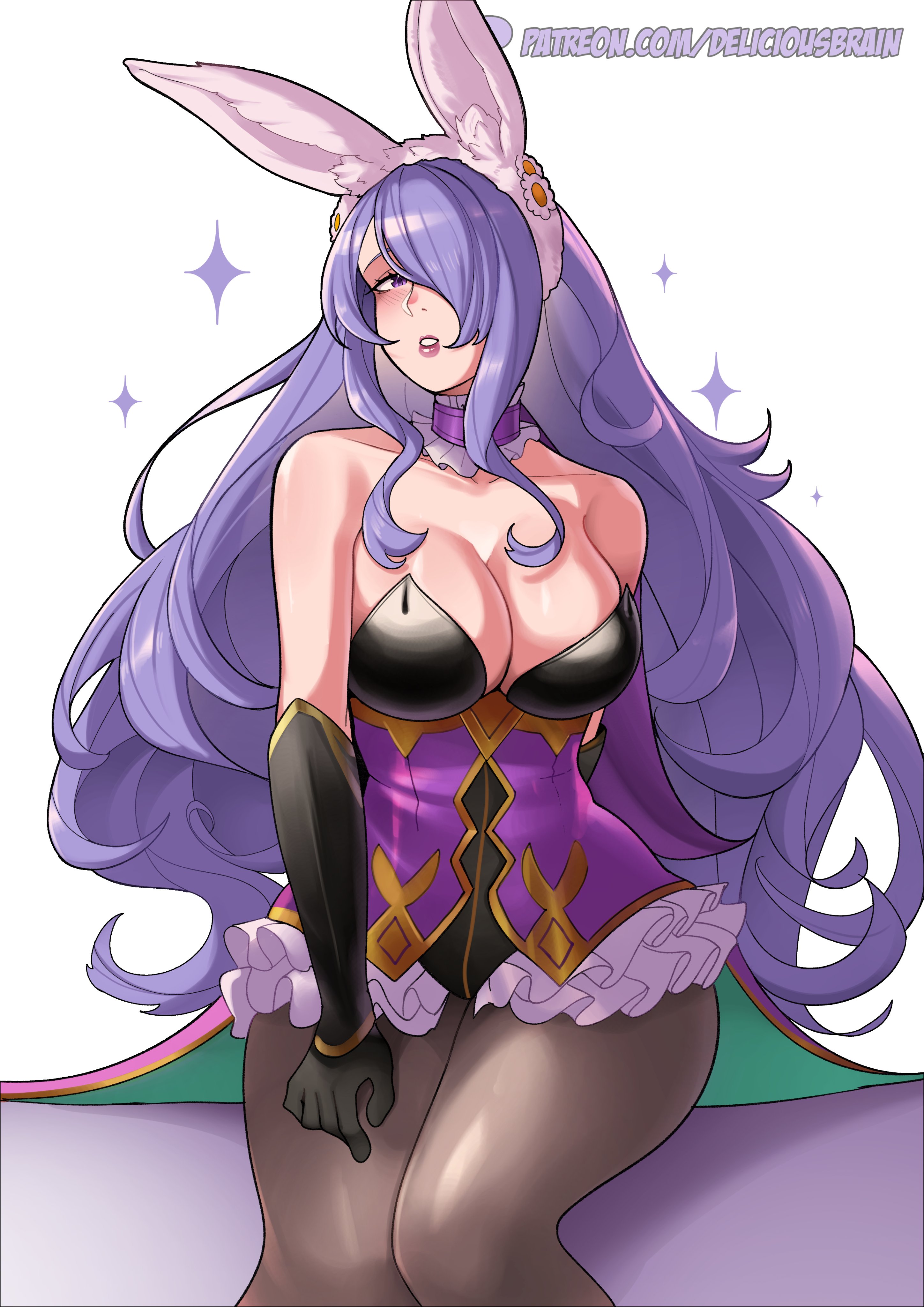 1girls, absurdres, animal ears, artist name, bare shoulders, black gloves, blush, breasts, camilla (fire emblem), choker, cleavage, deliciousbrain, fake animal ears, female, female only, fire emblem, fire emblem fates, fire emblem heroes, flower, frilled choker, frills, gloves, hair flower, hair ornament, hair over one eye, highres, large breasts, leotard, lips, lipstick, long hair, looking at viewer, makeup, nintendo, official alternate costume, pantyhose, parted lips, patreon username, purple choker, purple eyes, purple hair, purple lips, purple lipstick, rabbit ears, simple background, solo, very long hair, wavy hair, white background