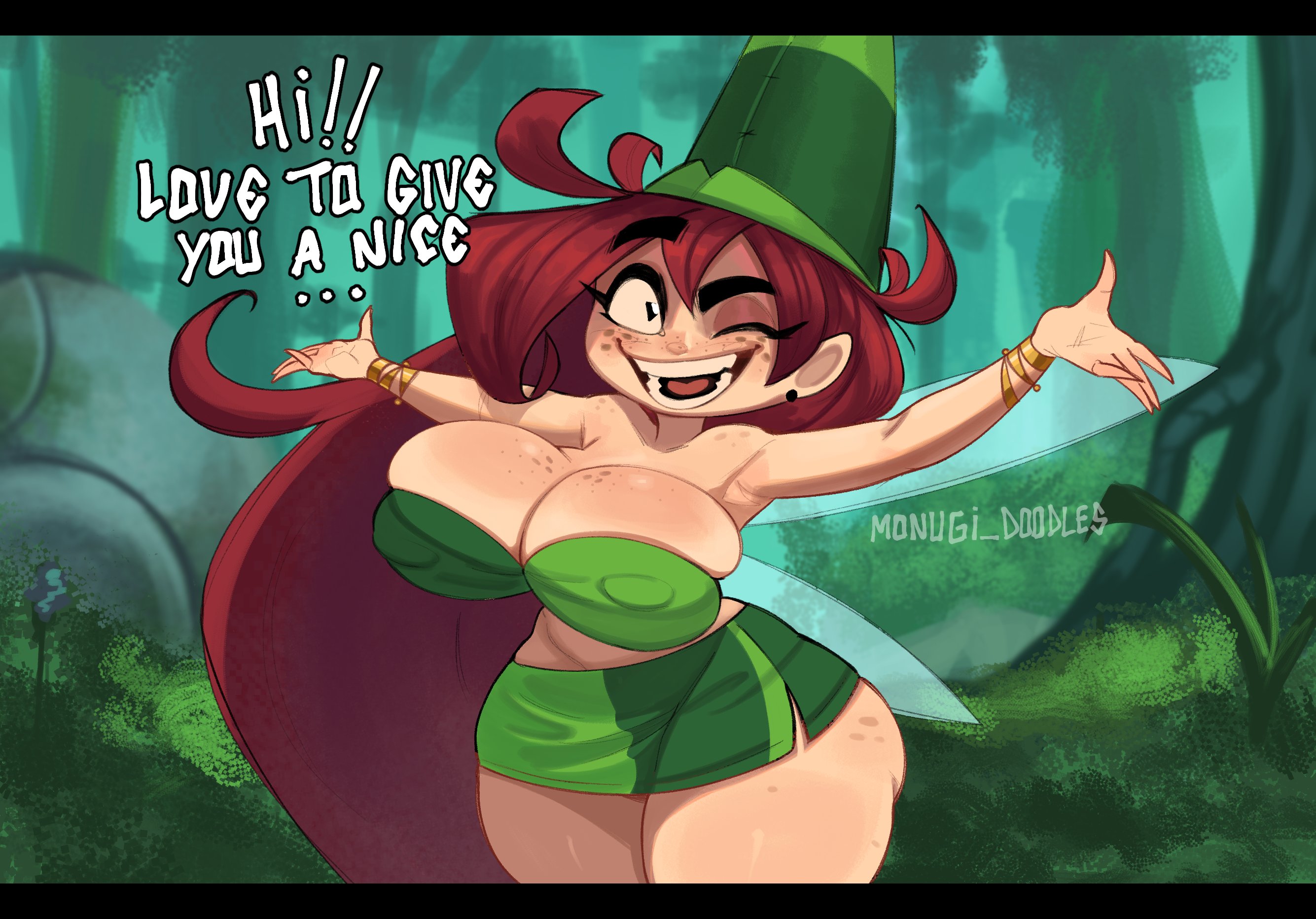 1girls, armpits, artist logo, ass, betilla (rayman), black eyes, breasts, cleavage, dialogue, erect nipples under clothes, female, female focus, freckles, grin, hat, huge ass, huge breasts, large breasts, long hair, monugi doodles (artist), nymph (rayman), rayman (series), rayman origins, red hair, smile, solo, solo female, solo focus, text, thick thighs, ubisoft, wings, wink