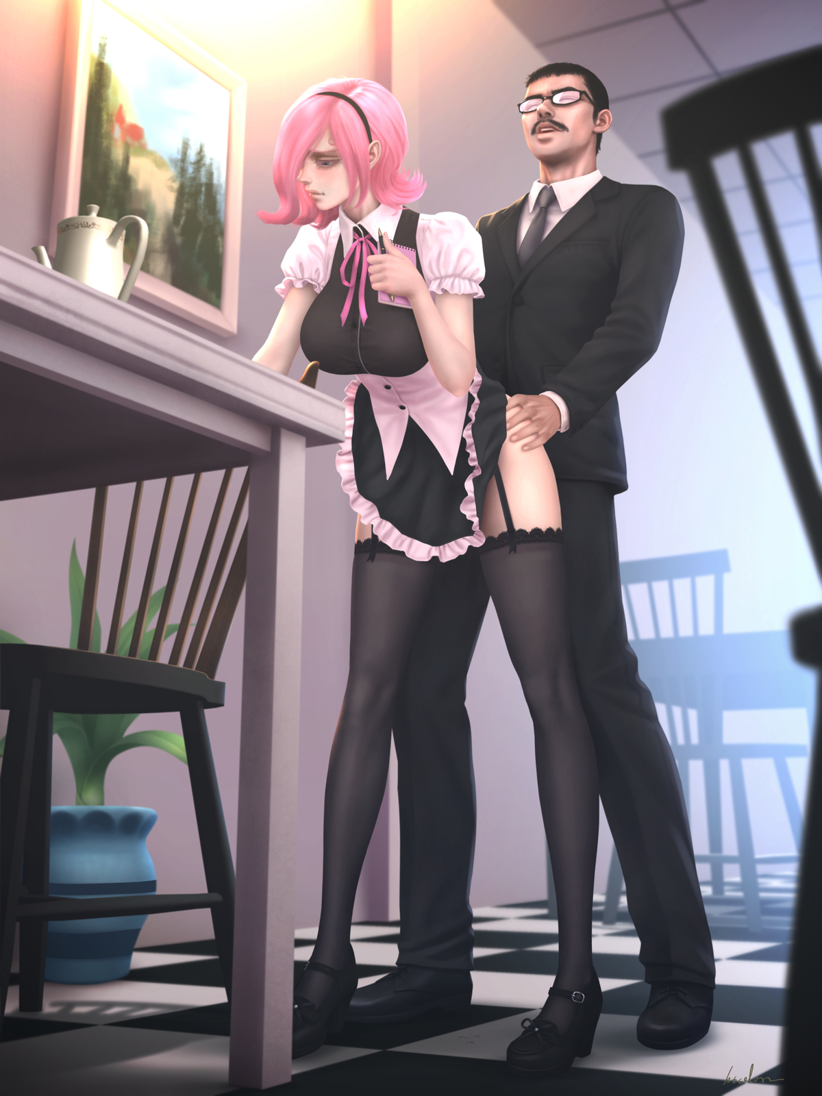 1boy, 1girls, black hair, black-haired male, blue eyes, blush, breasts, doggy style, female, from behind, indoors, large breasts, maid, male, namixalex, one piece, pink hair, pink-haired female, public, realistic, sex, stockings, vinsmoke reiju