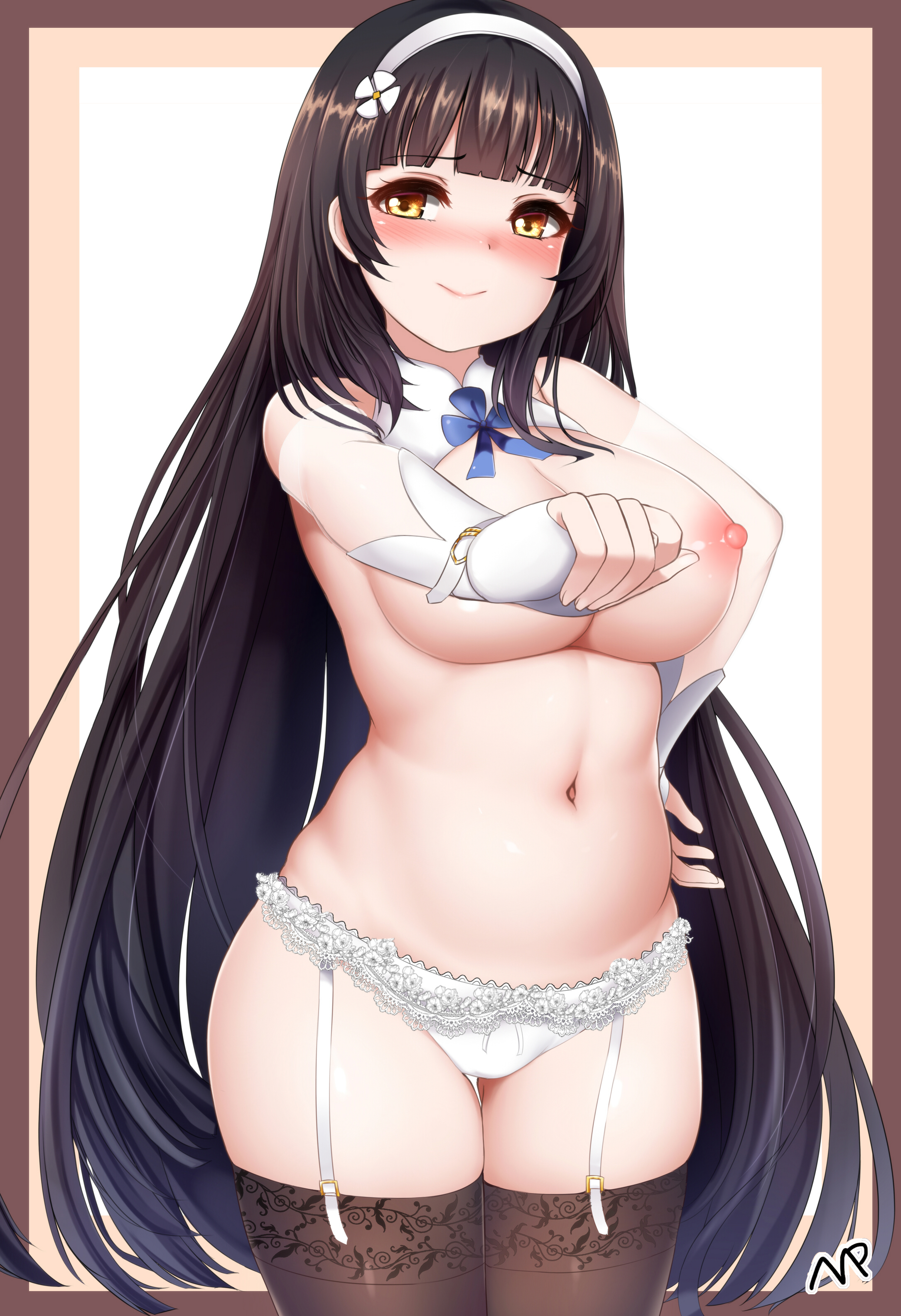 3:, absurdres, artist name, bangs, black hair, black legwear, blunt bangs, blush, breasts, cleavage, cowboy shot, curvy, eyebrows visible through hair, female, female only, fingerless gloves, garter straps, girls' frontline, gloves, hairband, hand on hip, highres, lace, lace-trimmed panties, large breasts, light smile, lingerie, long hair, looking at viewer, mapar, navel, nipples, panties, signature, smile, solo, tareme, thighhighs, thighs, type 95 (girls' frontline), underwear, very long hair, watermark, web address, white gloves, white panties, yellow eyes