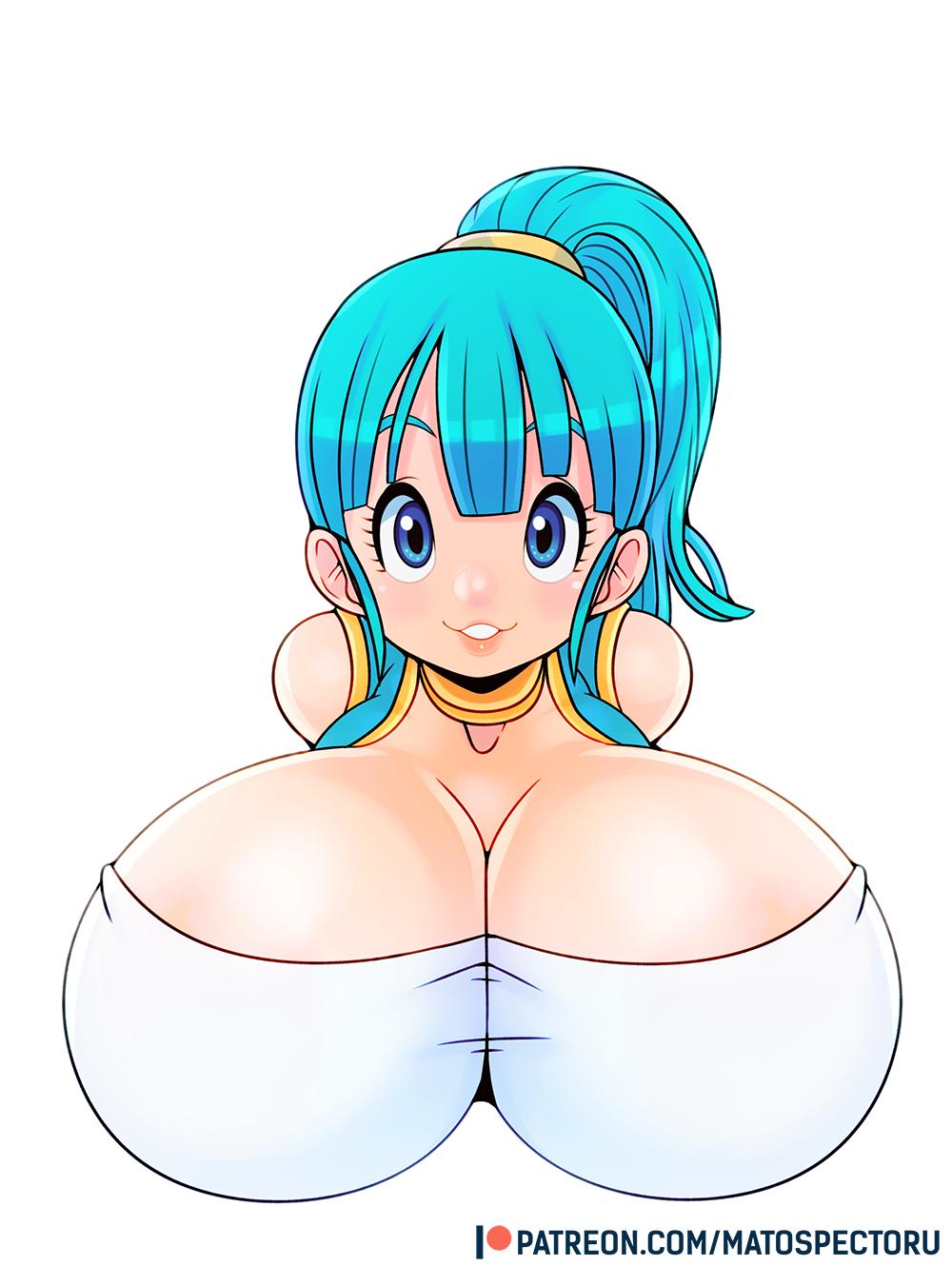 1girls artist_name big_breasts blue_eyes breasts bulma_briefs bust bust_style busty cleavage clothing dragon_ball female female_only hair huge_breasts large_breasts matospectoru patreon ponytail solo teenager url watermark