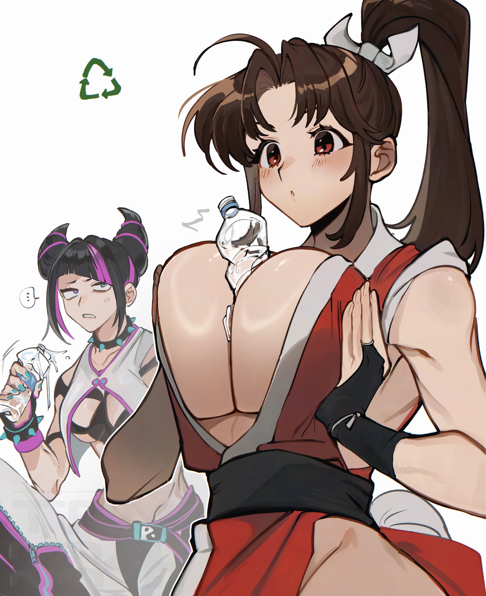 ..., 2girls, asian, asian bimbo, asian female, bare shoulders, between breasts, black hair, black sash, blush, bottle, bracelet, breast awe, breast envy, breasts, breasts squeezed together, brown eyes, brown hair, choker, cleavage, commentary request, convenient breasts, fatal fury, female, female only, hair horns, hair ornament, high ponytail, highres, holding, holding bottle, jewelry, juri han, large breasts, long hair, looking at another, mai shiranui, motoyui, multiple females, multiple girls, ninja, paag, parted bangs, parted lips, ponytail, recycling, revealing clothes, sash, simple background, spiked bracelet, spiked choker, spikes, spoken ellipsis, street fighter, street fighter 6, trnnmnm4, upper body, water bottle, white background
