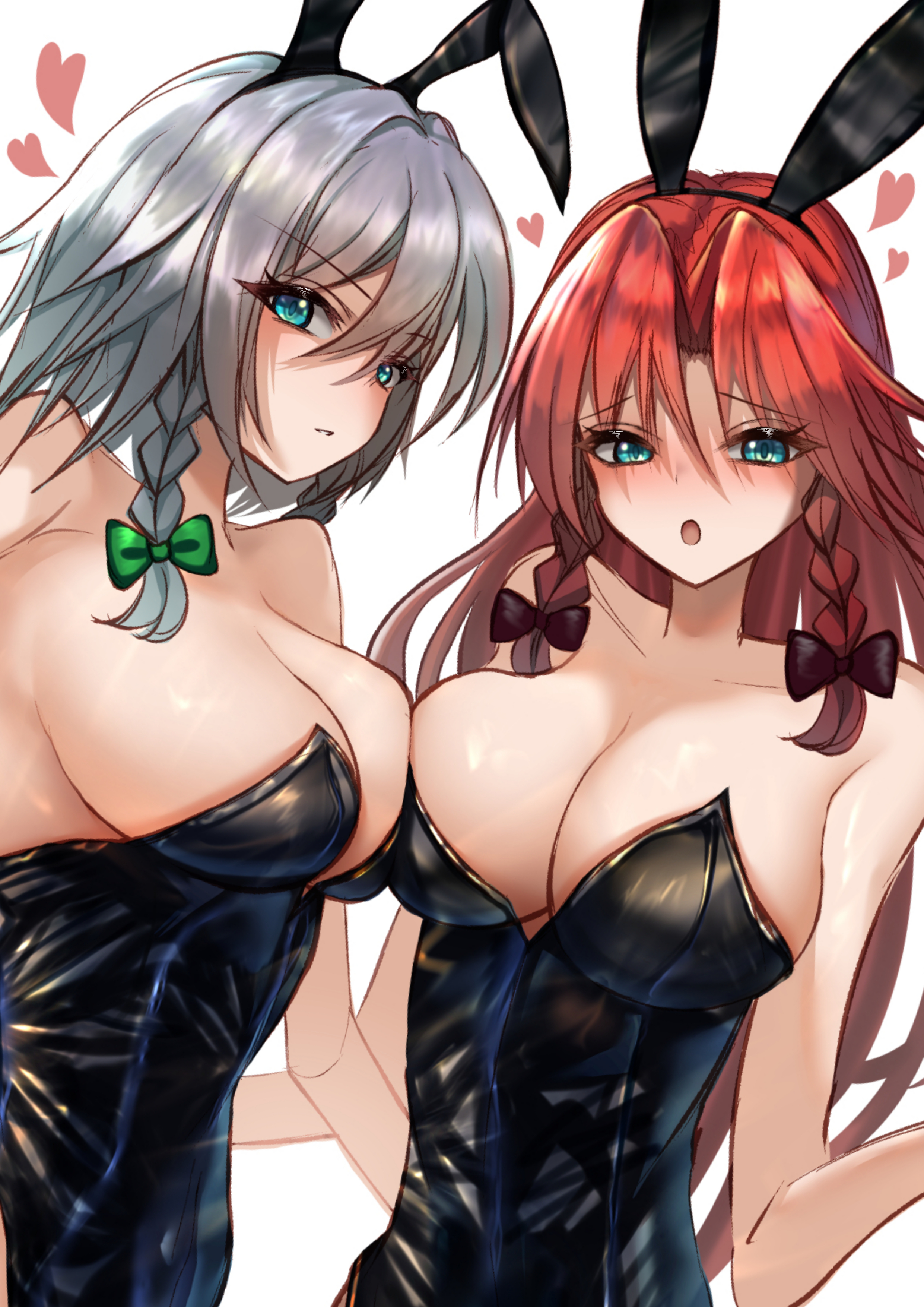 2girls, black bunnysuit, blue eyes, bunny ears, bunnysuit, female, grey hair, hong meiling, long hair, red hair, sakuya izayoi, tofuandsoup, touhou