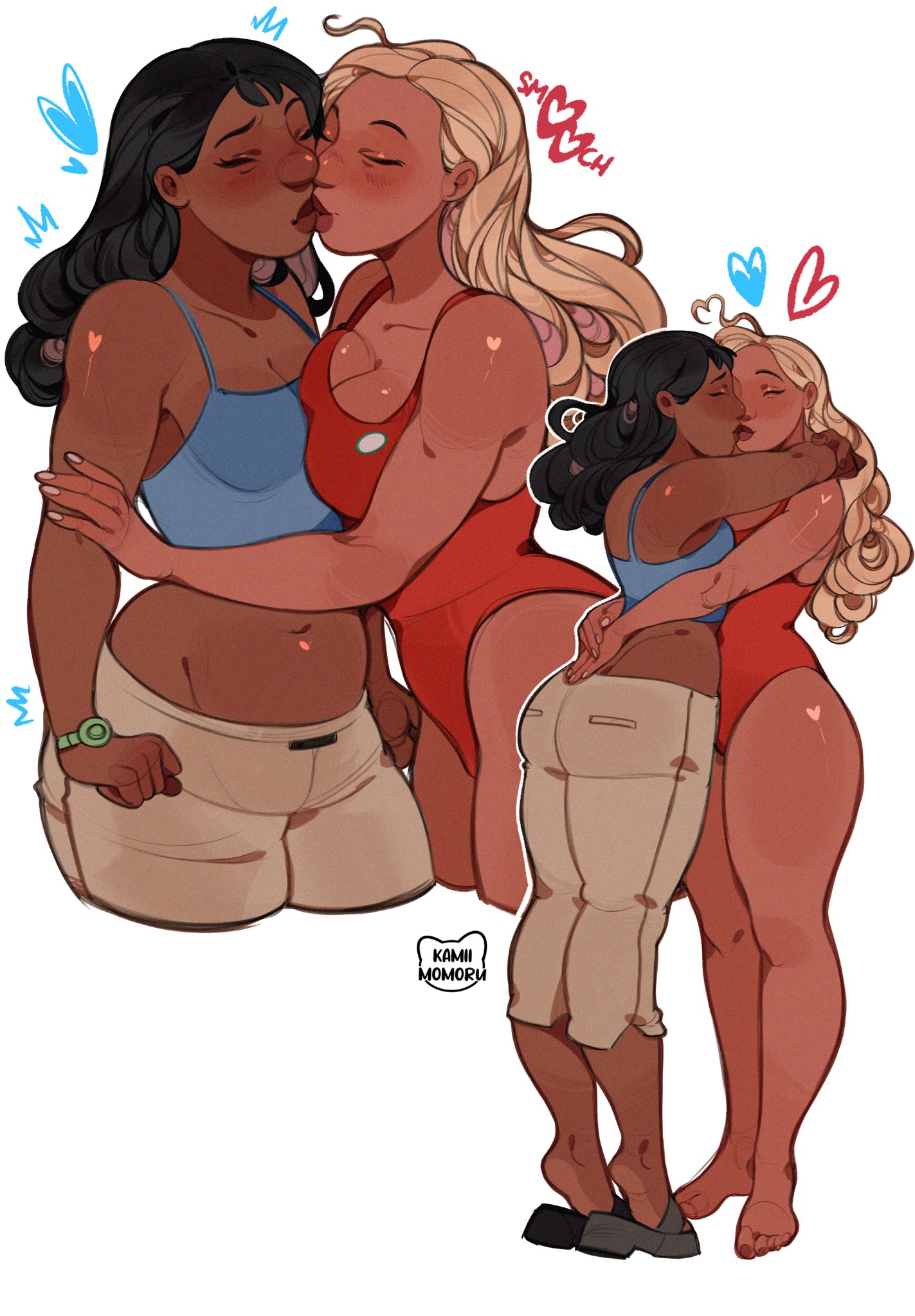 2girls, arms around partner, ass, black hair, blonde hair, breasts, brown body, clothing, dark skin, dark-skinned female, disney, female, human, kamii momoru, kissing, lesbian, lesbian kiss, lifeguard, lifeguard (lilo and stitch), lilo and stitch, nani pelekai, navel, one piece swimsuit, pants, sandals, swimsuit, swimwear, tan skin, thick thighs, thighs, wristwatch, wristwear, yuri