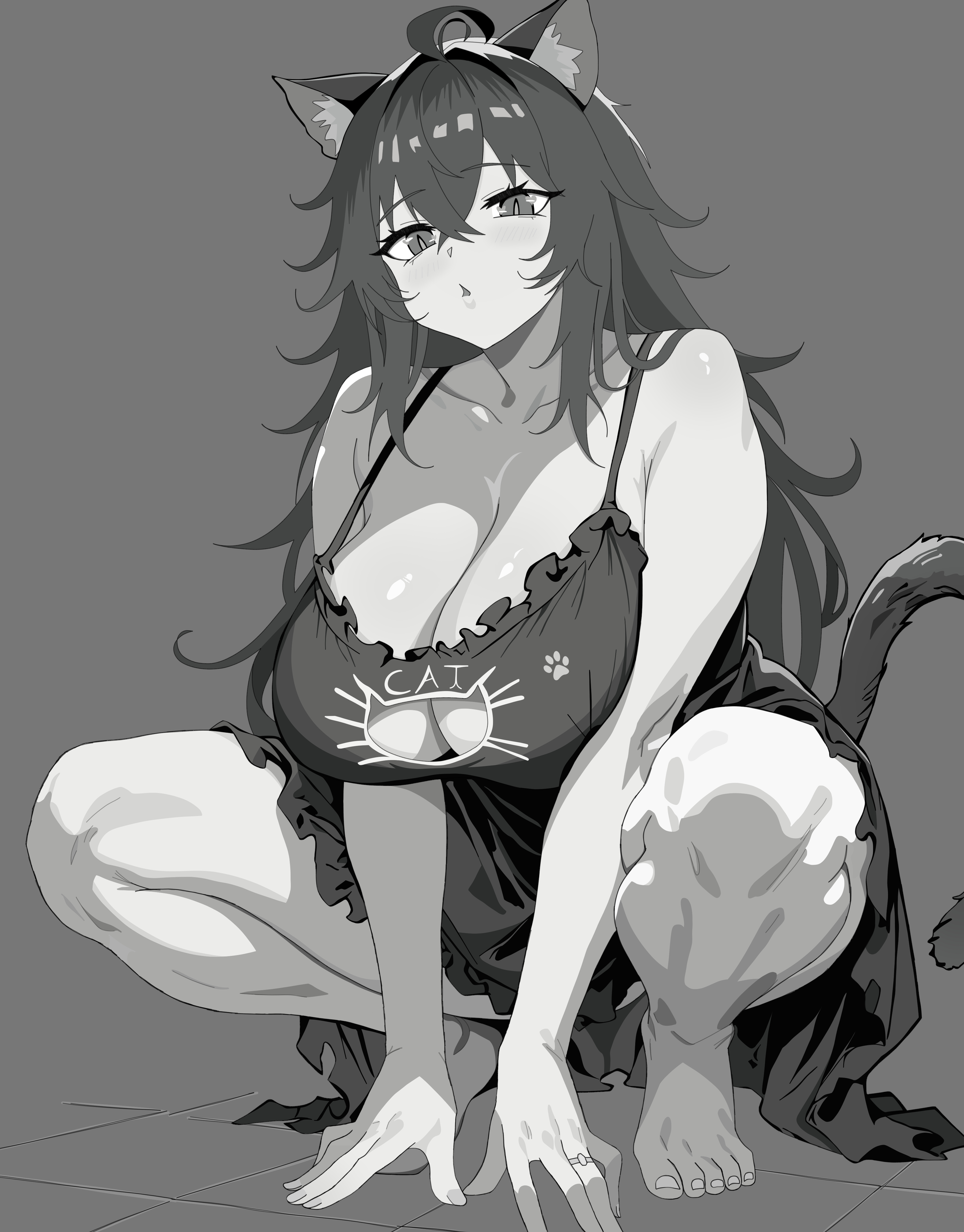1girls, ahoge, bare legs, barefoot, big breasts, breasts, cat ears, cat girl, cat tail, catgirl, cute, dress, feet, female, goddess of victory: nikke, hands together, knees, naggarron, night dress, nihilister (nikke), own hands together, skirt, solo, squatting, wedding ring