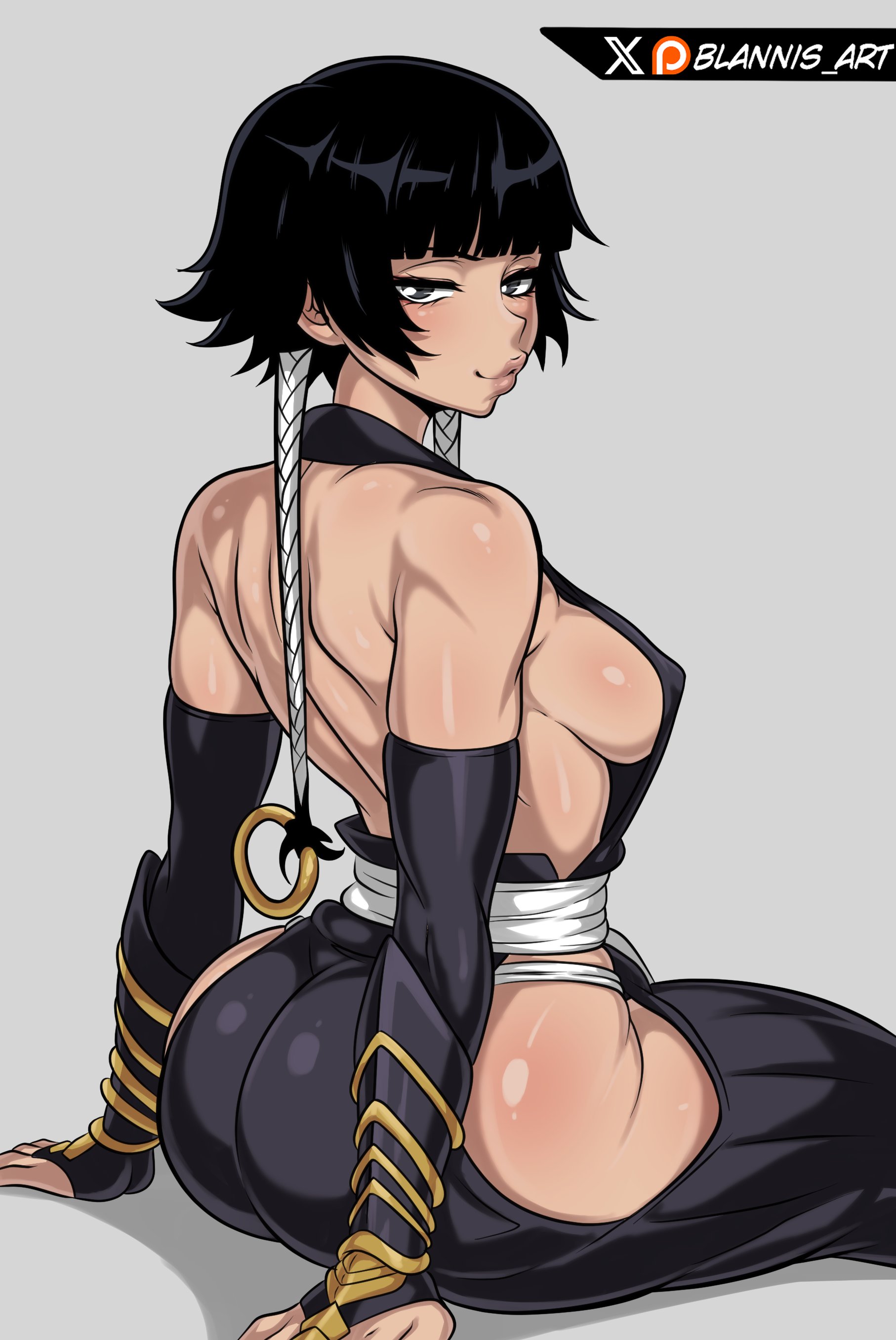 1girls, absurdres, arm support, artist name, ass, back, backless bodysuit, backless outfit, bare hips, bare shoulders, black bodysuit, black eyes, black gloves, black hair, blannis art, bleach, blush, bodysuit, breasts, closed mouth, covered erect nipples, elbow gloves, feet out of frame, female, female focus, female only, fingerless gloves, from behind, from side, fundoshi, gauntlets, gloves, grey background, half-closed eyes, highres, hip vent, huge ass, japanese clothes, lips, looking at viewer, looking back, matching hair/eyes, naughty face, short hair with long locks, sideboob, simple background, sitting, soifon, solo, sui-feng, toned, toned female, wide hips