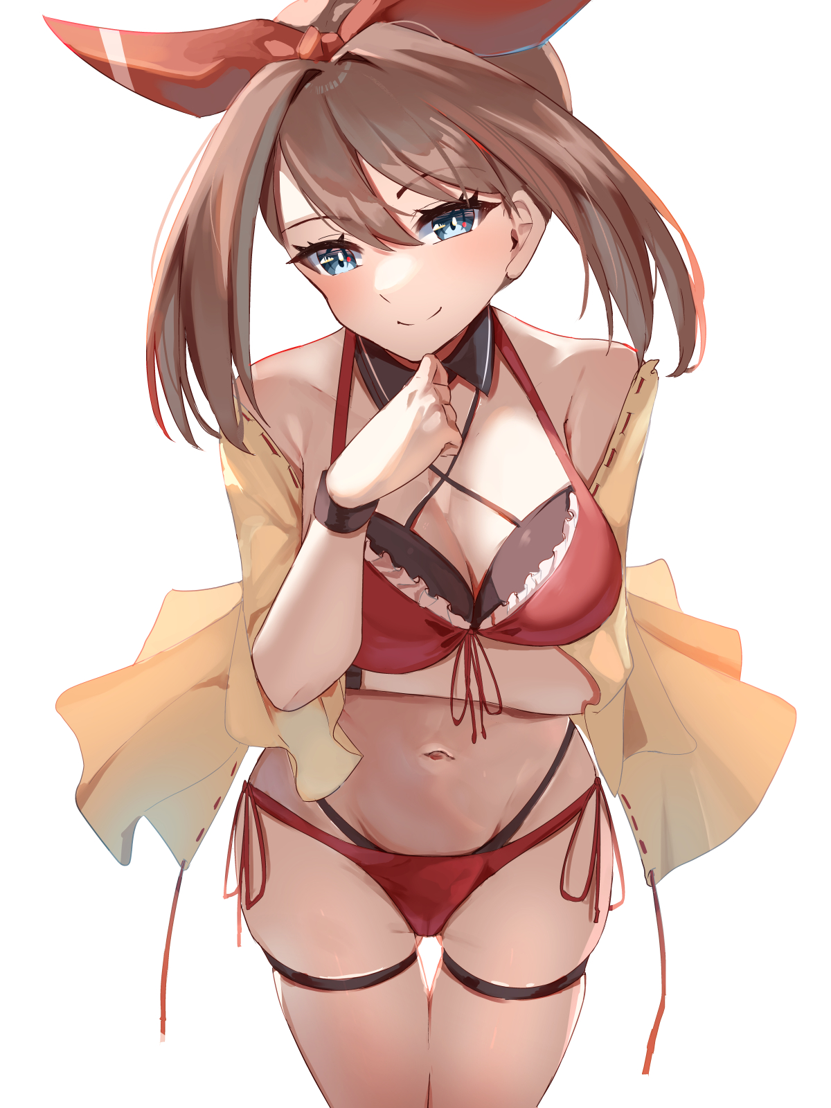1girls, 2d, alternate body type, alternate breast size, arm under breasts, ass visible through thighs, bare belly, bare legs, bare shoulders, bare thighs, belly button, big breasts, bikini, blue eyes, blush, breasts, brown hair, cameltoe, cleavage, closed mouth, collarbone, female, groin, hair ribbon, jacket, large breasts, may (pokemon oras), may (pokemon), medium hair, momdy (talesshinja), open jacket, pokemon, pussy, red bikini, smile, solo, thigh strap, thighs