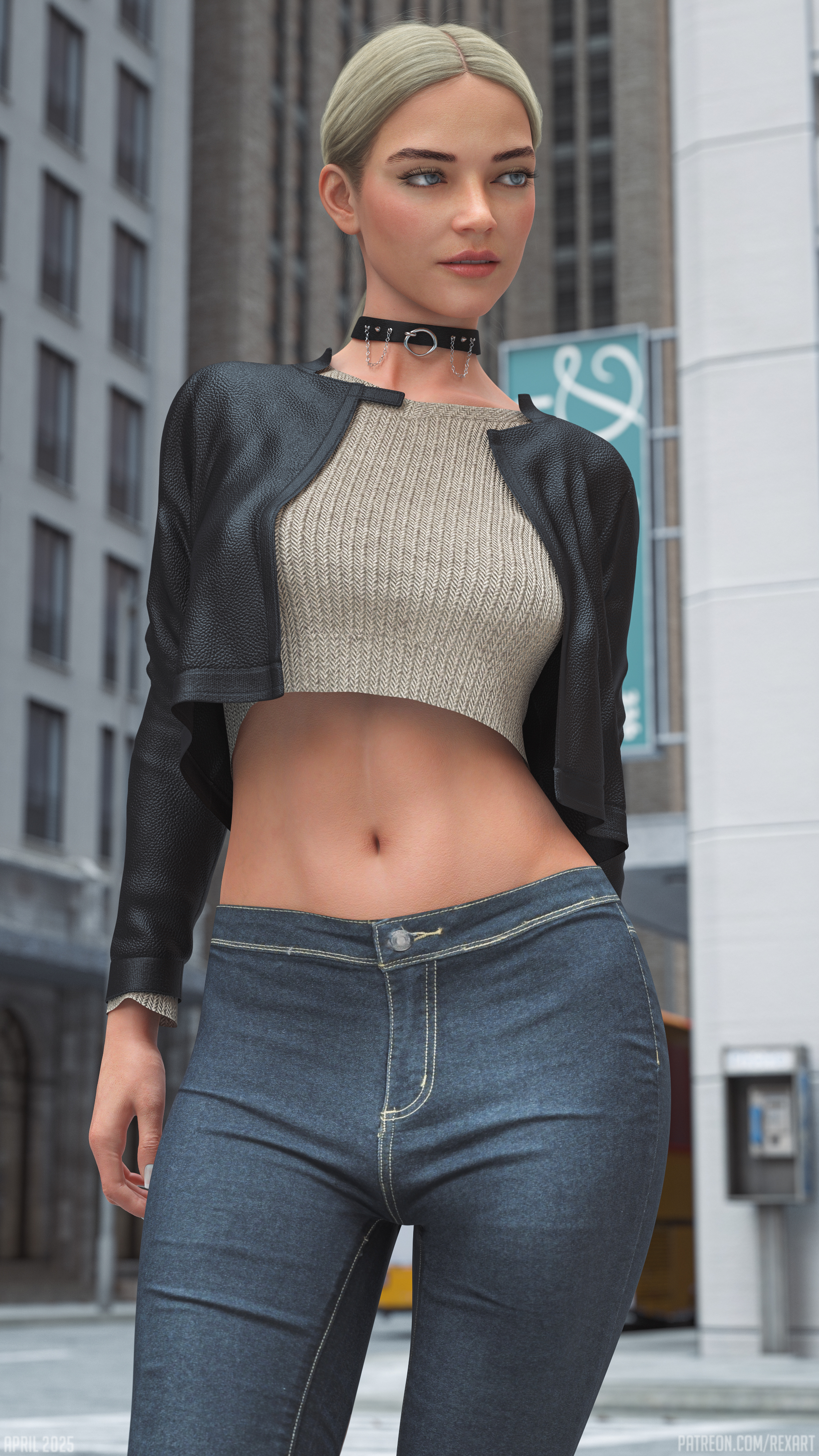 1futa, 2025, 3d, 3d (artwork), 3d model, 3d render, alexa (rexart), artist name, belly, blonde hair, blue eyes, bulge, chocker, clothed, collar, daz studio, denim, dickgirl, eyebrows, eyelashes, eyes, futa only, futanari, hi res, highres, intersex, jacket, jeans, light skin, light-skinned futa, lips, navel, original, original character, outdoors, outside, pants, patreon username, penis, penis bulge, rexart, secrets of rockfield, subtle penis, topwear