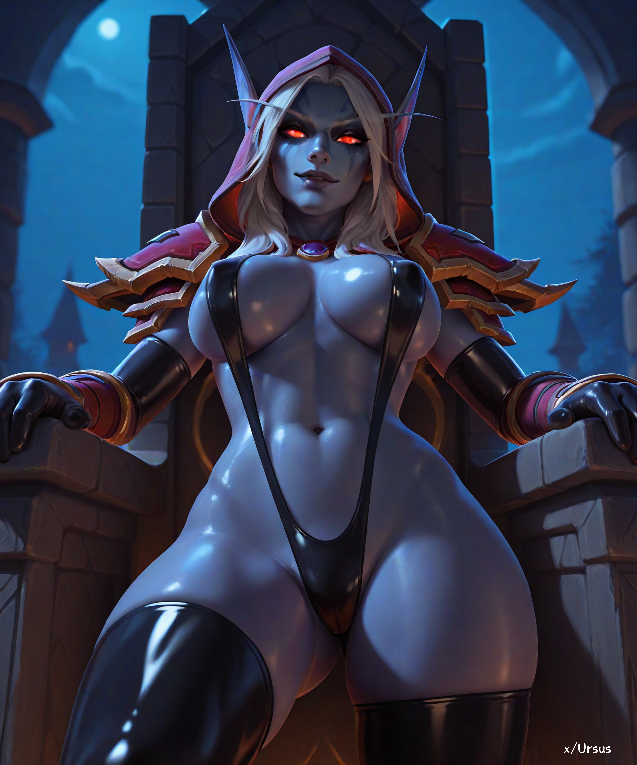 ai generated, armor, artas9972, banshee (warcraft), elf, elf ears, elf female, female, forsaken, gloves, hood, latex, red eyes, stockings, swimsuit, sylvanas windrunner, undead (warcraft), undead female, warcraft, world of warcraft