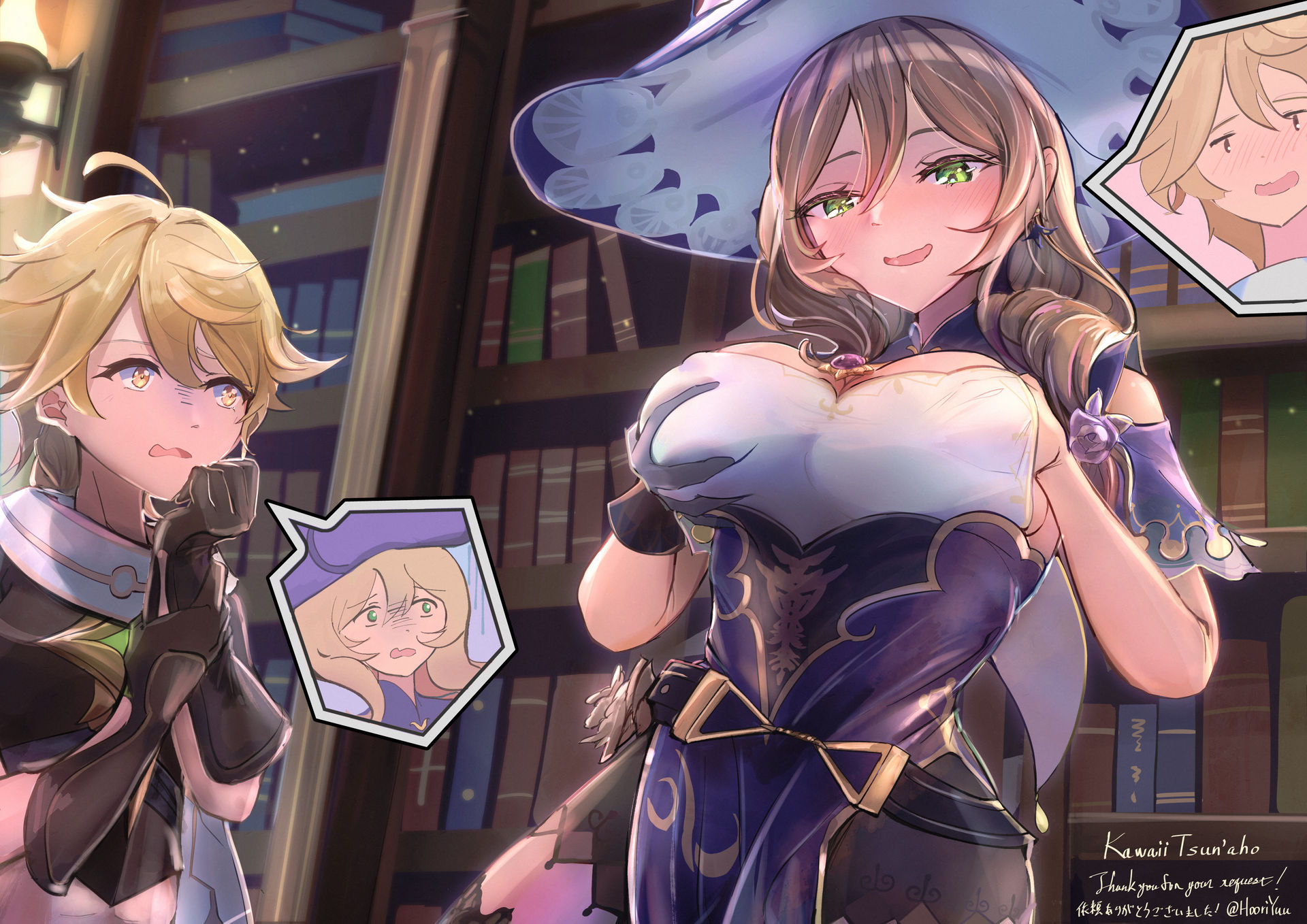 1boy, 1girls, aether (genshin impact), big breasts, body swap, breasts, female, genshin impact, lisa (genshin impact), male