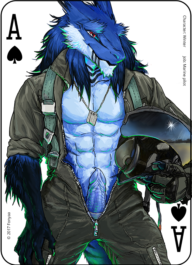 2017 abs animal_genitalia animal_penis anthro armor blue_fur card clothed clothing digital_media_(artwork) erection fonyaa fur helmet male male_only muscular muscular_male pecs penis playing_card sergal simple_background smile solo