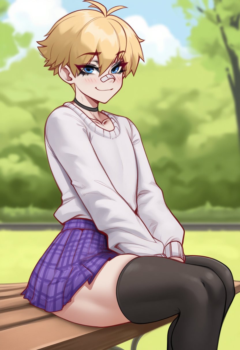 1boy, ai generated, blonde hair, blue eyes, blush, choker, clothed, clothing, femboy, feminine male, girly, light skin, light-skinned femboy, light-skinned male, male, outdoors, public, skirt, sweater, tagme, thick thighs, thighhighs, wholesome