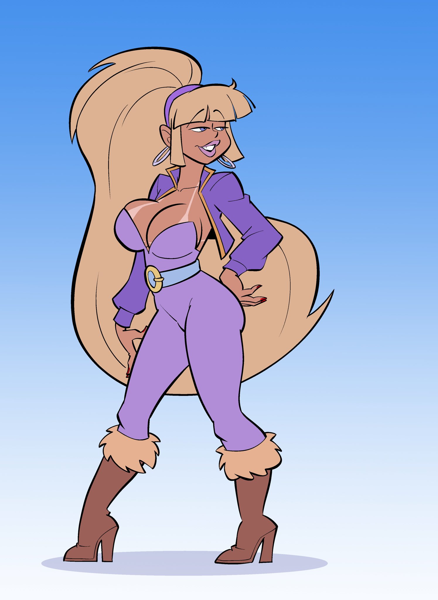 1girls, aged up, art trade, bangs, belt, bending forward, big breasts, big hair, big thighs, bigdad, blonde hair, blue eyes, blunt bangs, bodysuit, boots, bouffant, bouffant hair, breasts, bust, busty, catsuit, chest, clothed, clothing, color, cropped jacket, curvaceous, curvy, curvy figure, darnact, digital media (artwork), disney, earrings, enjoying, female, female focus, female only, full body, fur-trimmed boots, gravity falls, hairband, high heel boots, high heels, hips, hourglass figure, huge breasts, human, large breasts, legs, light skin, light-skinned female, long hair, long legs, looking at viewer, looking pleasured, markkleanup, mature, mature female, no bra, pacifica northwest, pink background, pointing, pointing at viewer, posing, purple clothing, purple jacket, slim waist, smile, solo, solo female, straight, tan body, tan-skinned female, tanline, tanlines, tease, teasing, thick, thick hips, thick legs, thick thighs, thighs, thin waist, very long hair, violet clothing, voluptuous, waist, waist belt, waist grab, wide hips, zipper, zipper down