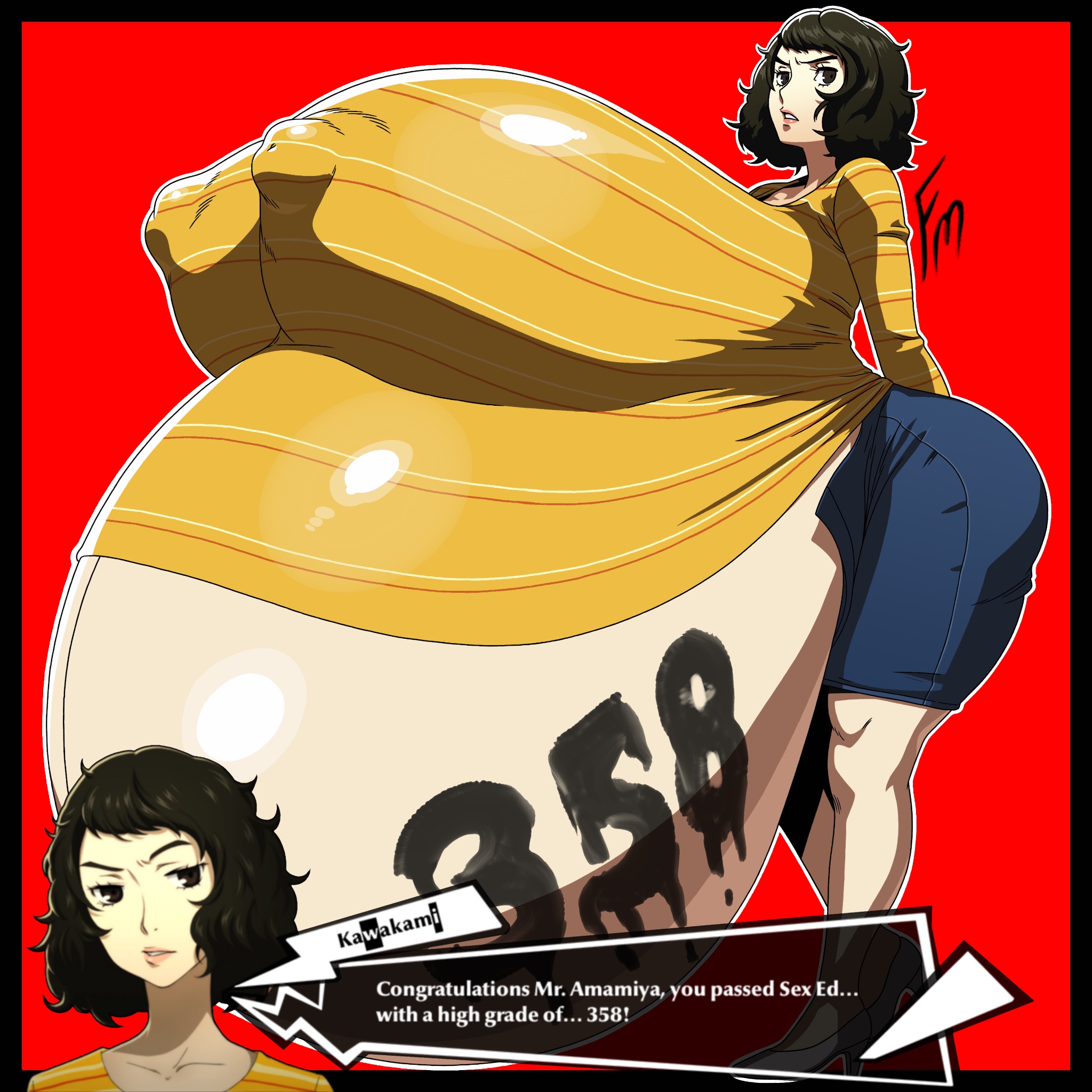 1boy, 1girls, akira kurusu, ass, big ass, big belly, big breasts, big nipples, breasts, brown eyes, brown hair, female, full body, fungus-man, gigantic belly, gigantic breasts, gigantic nipples, hands behind back, huge ass, huge belly, huge breasts, huge nipples, hyper, hyper belly, hyper breasts, hyper nipples, hyper pregnancy, jean skirt, joker (persona), large ass, large belly, large breasts, large nipples, light skin, light-skinned female, male, mature female, navel, nipples, offscreen male, persona, persona 5, popped navel, pregnancy mark, pregnancy tally, pregnant, pregnant female, ren amamiya, sadayo kawakami, sweater, tagme, teacher, teacher and student, text, text bubble