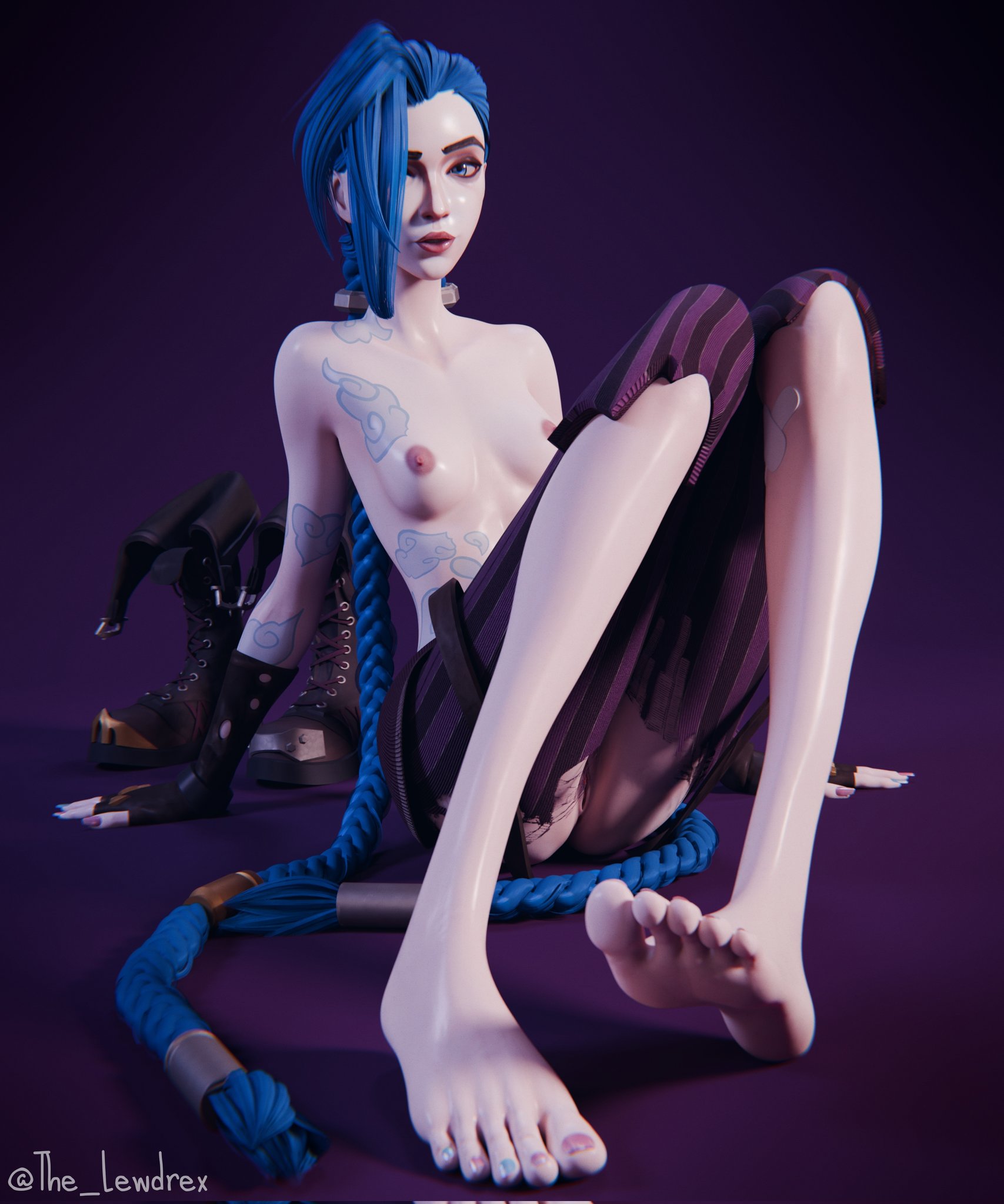 1girls, 2025, 3d, 3d (artwork), alternate version available, alternately painted toenails, arcane, arcane jinx, areolae, blender, blue eyes, blue hair, breasts, feet, female, female only, half naked, half-dressed, highres, jinx (league of legends), league of legends, lewdrex, long hair, looking at viewer, netflix, nipples, nude, pants, petite, petite body, ponytail, presenting breasts, presenting feet, presenting pussy, pussy, pussy lips, pussy peek, riot games, ripped clothing, ripped pants, showing off, simple background, sitting, small breasts, tattoo, tattoos, teenage female, teenager, vagina, very long hair, watermark