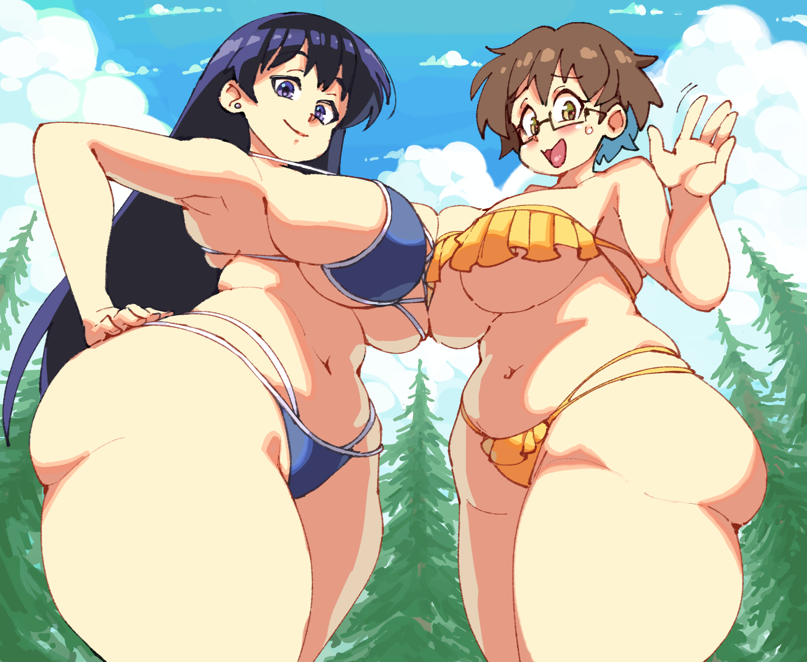 2girls, alternate version available, arato nagi, big breasts, bikini, bikini bottom, bikini top, black eyes, black hair, blue bikini, blush, bottomwear, breast to breast, breasts, brown eyes, brown hair, cleavage, ear piercing, earrings, eyewear, female, female only, glasses, hair, hand on hip, hips, huge breasts, imari youko, long hair, looking at viewer, looking down, rtil, ruri no houseki, short hair, side-tie bikini, smile, swimwear, thick thighs, thighs, topwear, wide hips, yellow bikini