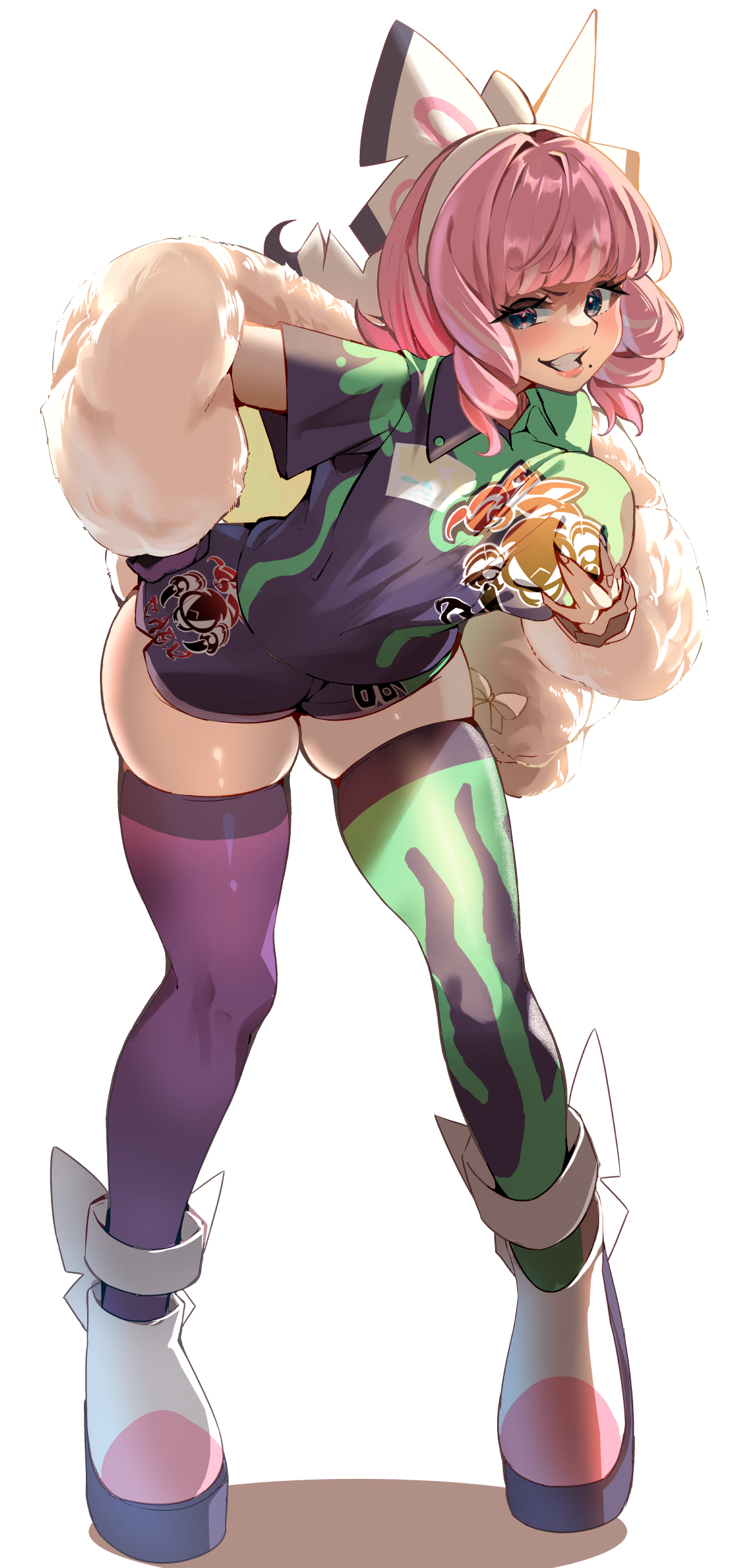 1girls, absurdres, asymmetrical legwear, bow, breasts, coat, drill hair, female, female only, flipped hair, fur coat, fur jacket, hairband, hairbow, highres, jacket, klara (pokemon), mismatched legwear, mole, mole under mouth, momdy (talesshinja), nintendo, pink hair, pokemon, pokemon ss, print shirt, shirt, short hair, smile, solo, thighhighs, thighs, twin drills, white bow, white hairband