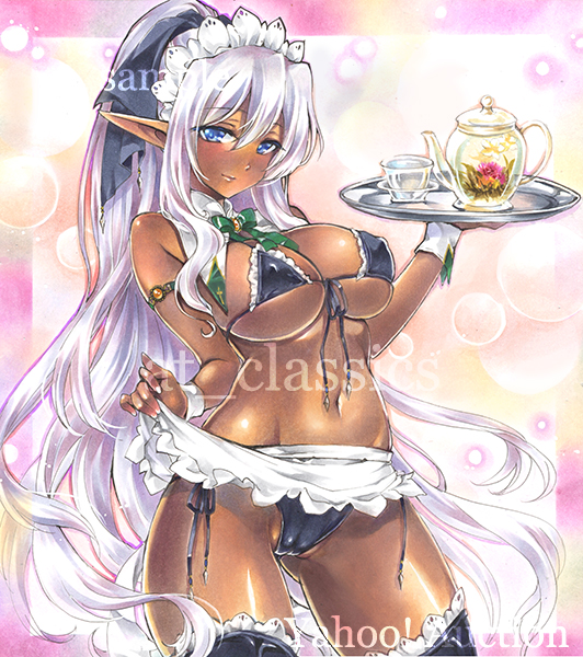 1girls apron artist_name artist_request at_classics bangs bikini black_bikini black_legwear blue_eyes bow bowtie breasts cameltoe closed_mouth cowboy_shot cup dark_elf dark_skin detached_collar elf erect_nipples eyebrows_visible_through_hair front-tie_bikini front-tie_top green_bow green_bowtie headdress holding holding_tray large_breasts long_hair looking_at_viewer maid maid_bikini maid_headdress micro_bikini original pointy_ears sample side-tie_bikini sidelocks solo swimsuit tagme teacup teapot thighhighs traditional_media tray very_long_hair waist_apron watermark white_apron white_hair wrist_cuffs