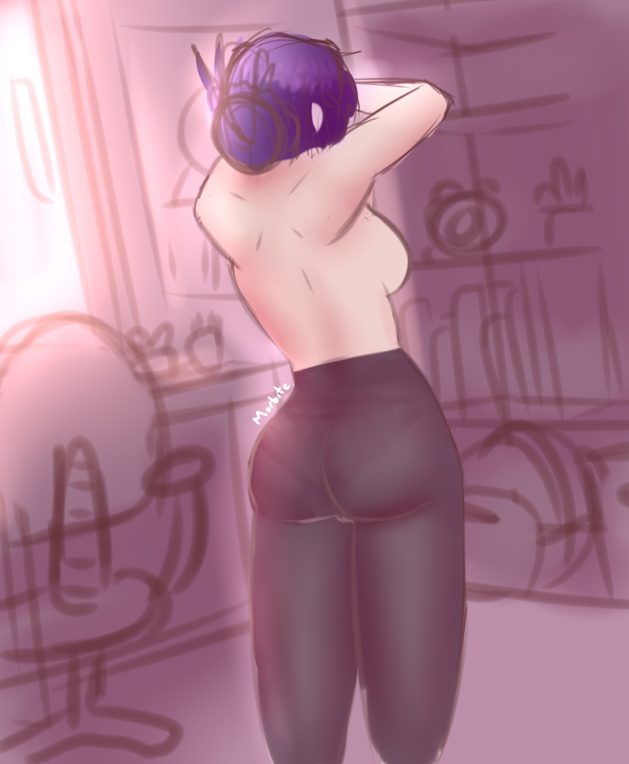 1girls, artist name, ass, back view, behind view, breasts, doki doki literature club, english text, female, hair bun, hairbun, morbite, panties, pantylines, purple hair, text, topless, topless female, yuri (doki doki literature club)