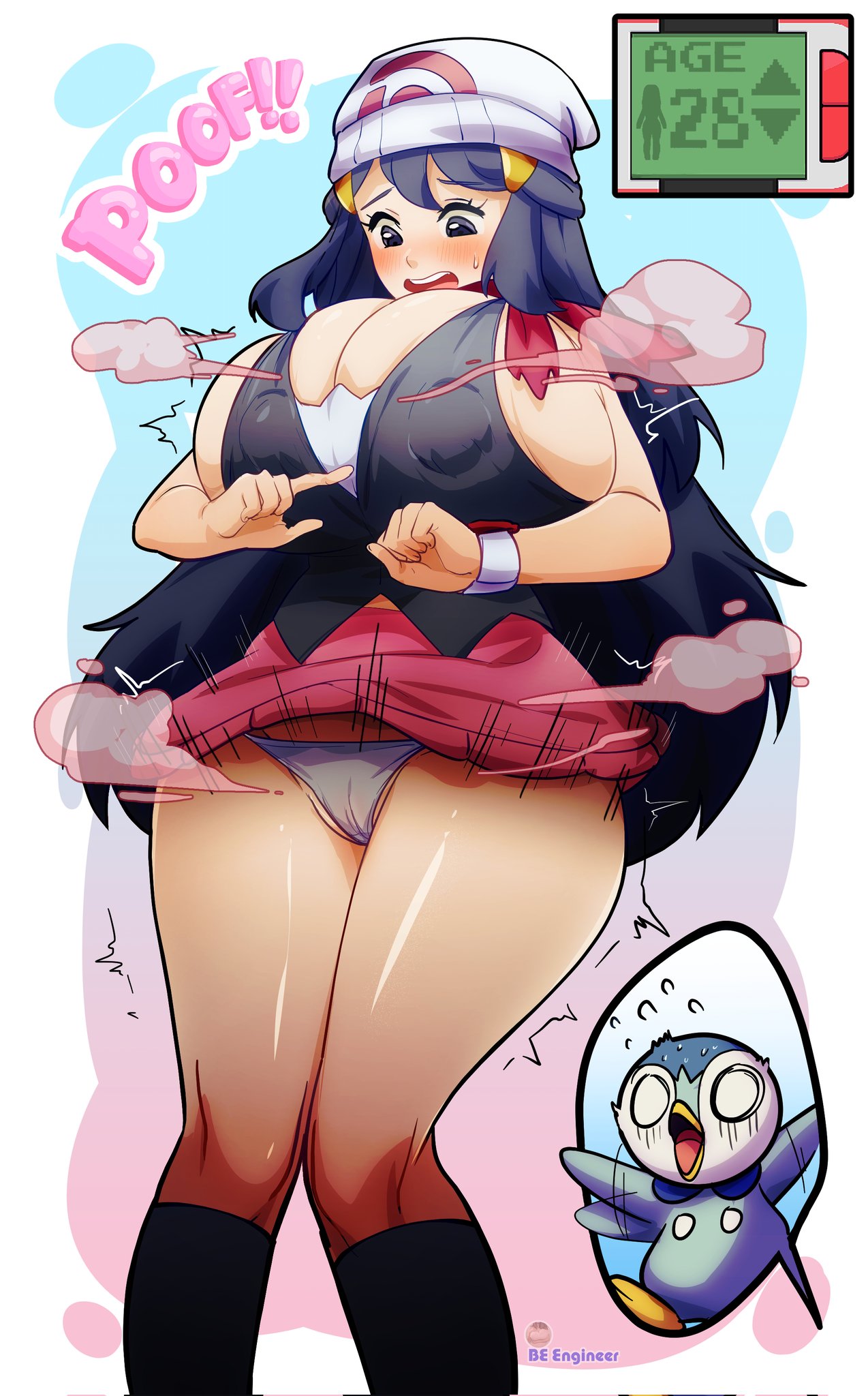 1girls, 1pokemon, accident, accidental circumstance, adult, adult female, age progression, aged up, beengineer, big breasts, blue hair, blue-haired female, blush, breast expansion, breast growth, breast growth (enlargement), breasts, child bearing hips, clothed female, dawn (pokemon), dress, embarrassed, embarrassed female, female, female focus, hips, large boobs, large breasts, mature, mature female, mature woman, nintendo, open mouth, piplup, pokemon, pokemon dppt, shocked, shocked expression, thick thighs, thighs, tight clothing, tight fit, underwear, white underwear