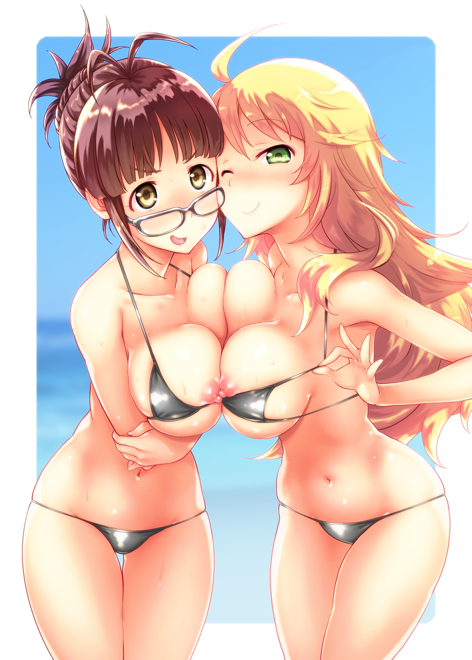 2girls akizuki_ritsuko alternate_hairstyle antenna_hair areolae bare_shoulders bikini bikini_pull blonde_hair blush breast_hold breast_press breasts brown_hair cleavage collarbone folded_ponytail fuyube_rion glasses green_eyes highres hoshii_miki idolmaster idolmaster_(classic) idolmaster_2 large_breasts long_hair looking_at_viewer messy_hair micro_bikini midriff multiple_girls navel nipple_slip nipples open_mouth revealing_clothes short_hair smile swimsuit symmetrical_docking underboob yellow_eyes