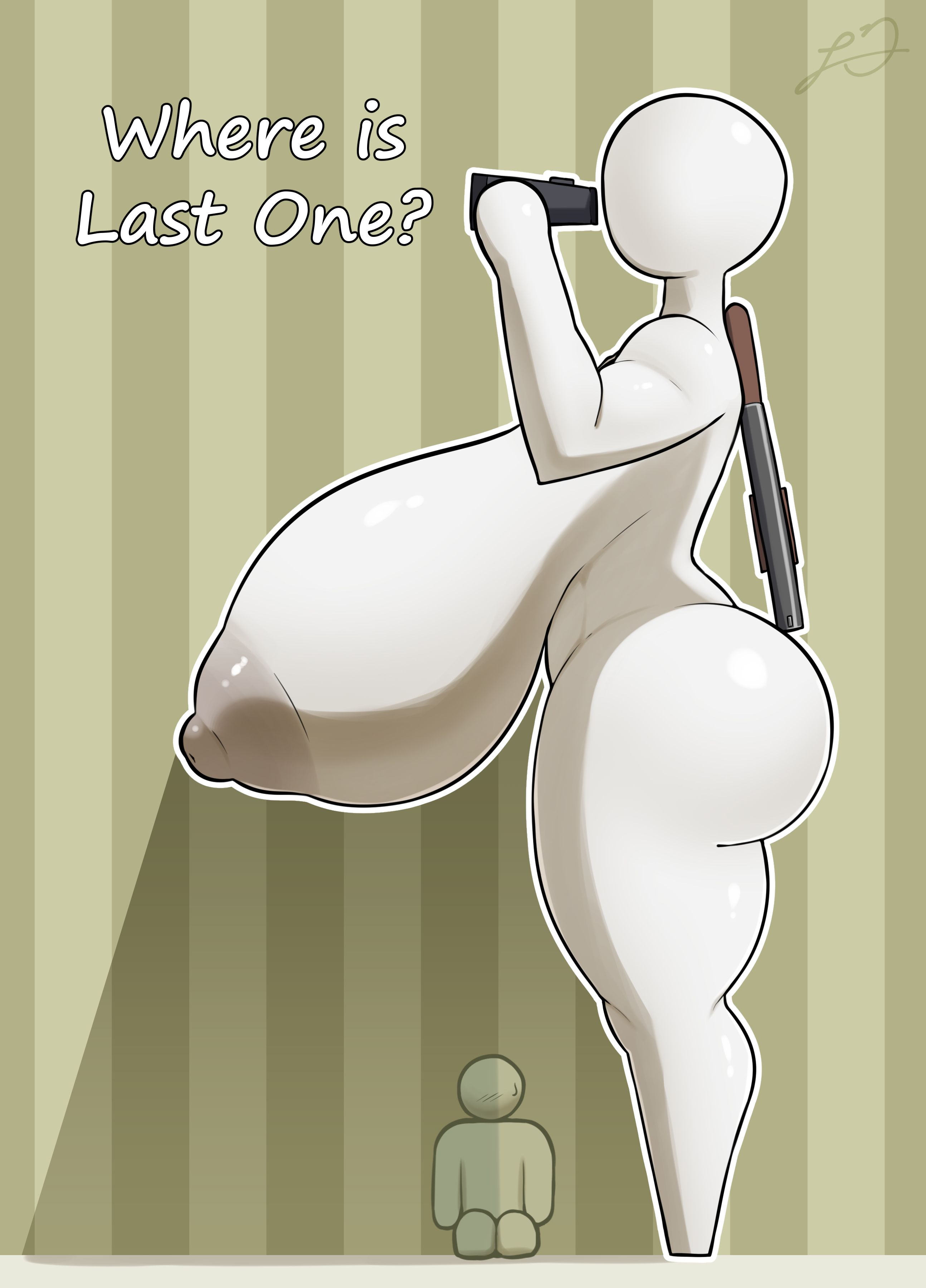 1boy, 1girls, barefoot, big breasts, breasts, completely nude, completely nude female, dialogue, female, full body, gun, hidden under breasts, hiding, huge breasts, i3i2455 ivi394, male, meccha chameleon, meme, meme reference, micro, naked, naked female, nude, nude female, searching, tagme, unaware