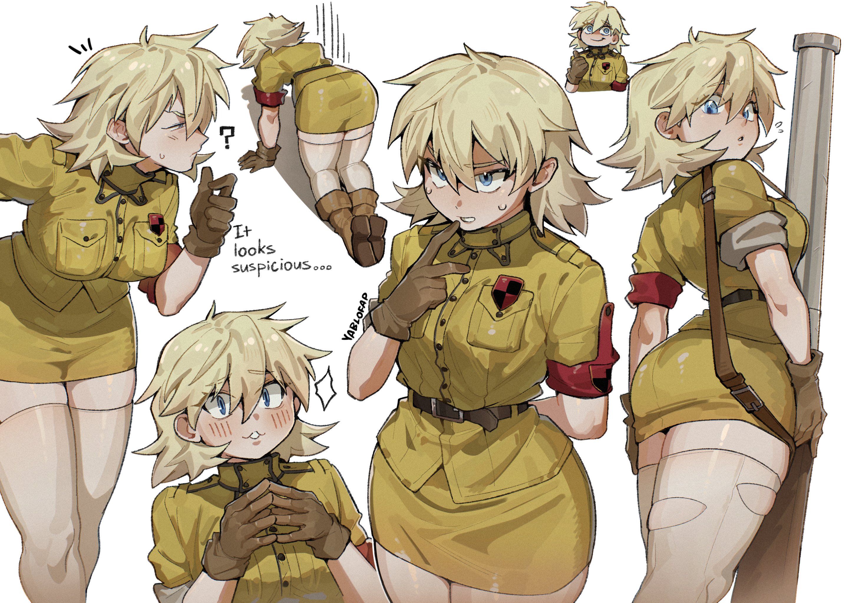 ?, 1girls, 2025, 2d, 2d (artwork), alohapz, artist name, ass, badge, belt, blonde hair, blue eyes, blush, breast pocket, breasts, english text, female, female only, gloves, gun, hair between eyes, harkonnen (gun), hellsing, highres, large breasts, multiple views, pocket, questionable, seras victoria, sfw, shocked pupils, short hair, skirt, text, thighhighs, torn clothes, torn legwear, weapon, yablofap