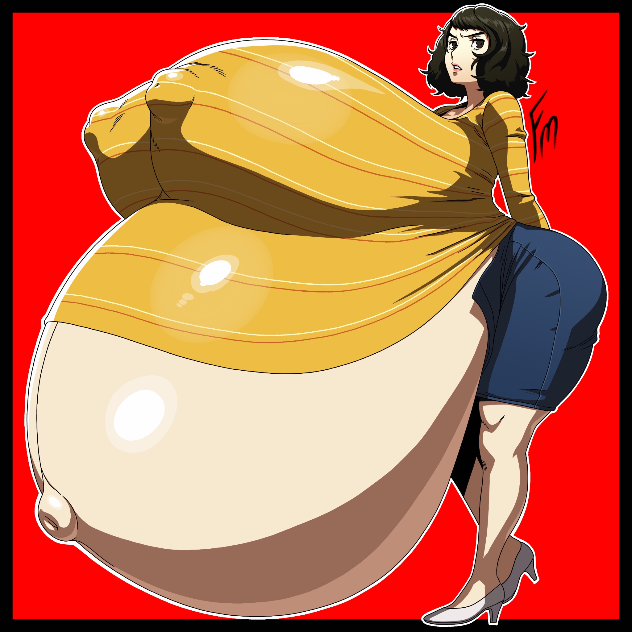 1girls, ass, big ass, big belly, big breasts, big nipples, breasts, brown eyes, brown hair, female, full body, fungus-man, gigantic belly, gigantic breasts, gigantic nipples, hands behind back, huge ass, huge belly, huge breasts, huge nipples, hyper, hyper belly, hyper breasts, hyper nipples, hyper pregnancy, jean skirt, large ass, large belly, large breasts, large nipples, light skin, light-skinned female, mature female, navel, nipples, persona, persona 5, popped navel, pregnant, pregnant female, sadayo kawakami, sweater, tagme, teacher, text, text bubble
