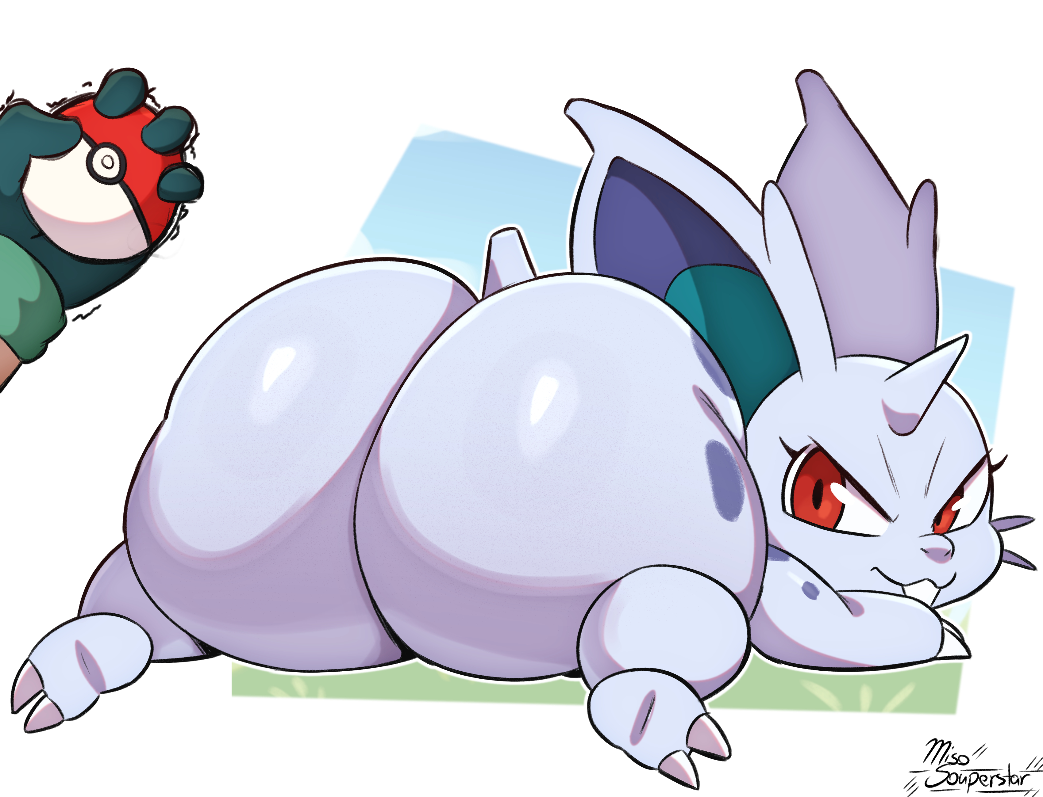 1girls, 2d, 2d (artwork), 2d artwork, artist name, artist signature, ash ketchum, big ass, big booty, big butt, booty, bubble ass, bubble butt, caked up, female, female focus, generation 1 pokemon, huge ass, huge booty, huge butt, laying down, laying on stomach, miso souperstar, nidoran♀, pokémon (species), pokeball, pokemon, pokemon (species)