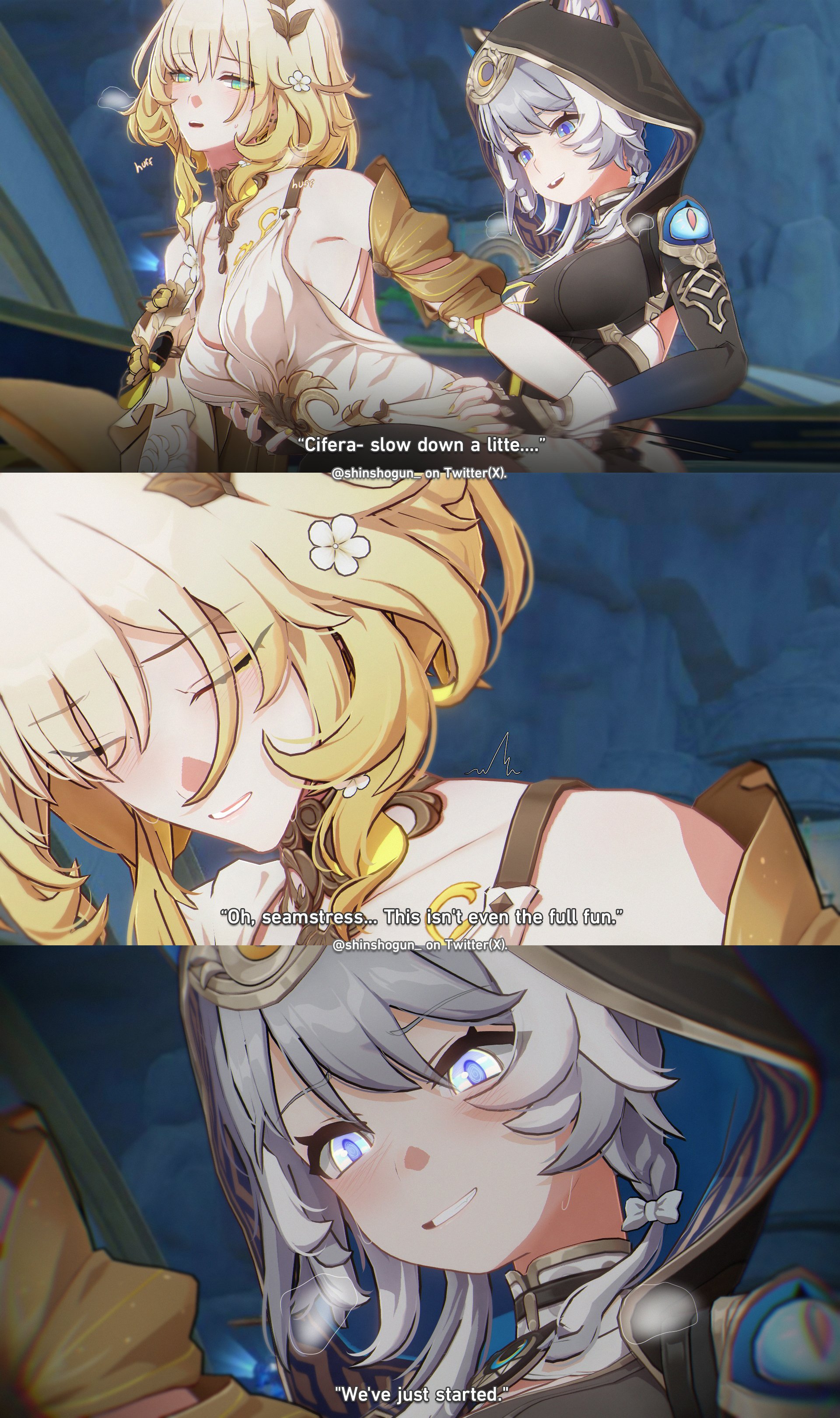 3d, 3d (artwork), aglaea (honkai: star rail), blonde female, blonde hair, blush, cat ears, cipher (honkai: star rail), clothed, clothed sex, clothes, clothing, comic, dominant female, female, female focus, futanari, honkai (series), honkai: star rail, hoodie, hoyoverse, implied futa, implied penetration, implied sex, intersex, pussy, shinshogun, submissive female, sweating, thrusting, thrusting into pussy, yuri