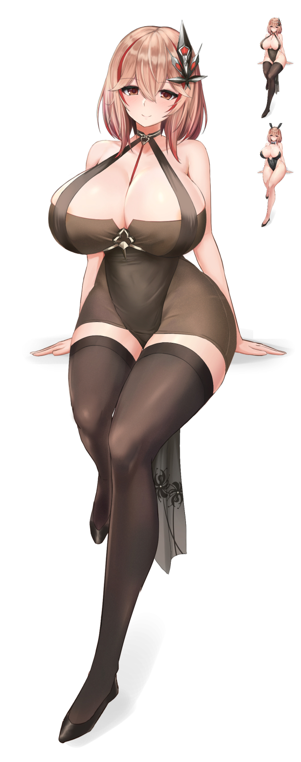 alternate breast size, alternate costume, animal ears, azur lane, between breasts, black leotard, black shoes, blonde hair, breasts, brown dress, brown thighhighs, center opening, cleavage, curvy, dress, fake animal ears, female, full body, hair ornament, halter dress, halterneck, highres, huge breasts, leotard, looking at viewer, medium hair, multicolored hair, multiple views, nontraditional playboy bunny, official alternate costume, rabbit ears, red hair, roon (azur lane), roon (viridescent lullaby) (azur lane), sayashi (type5 labyrith), shoes, simple background, strap between breasts, strapless, strapless leotard, streaked hair, thick thighs, thighhighs, thighs, tight clothes, tight dress, two-tone hair, white background, wide hips, zettai ryouiki