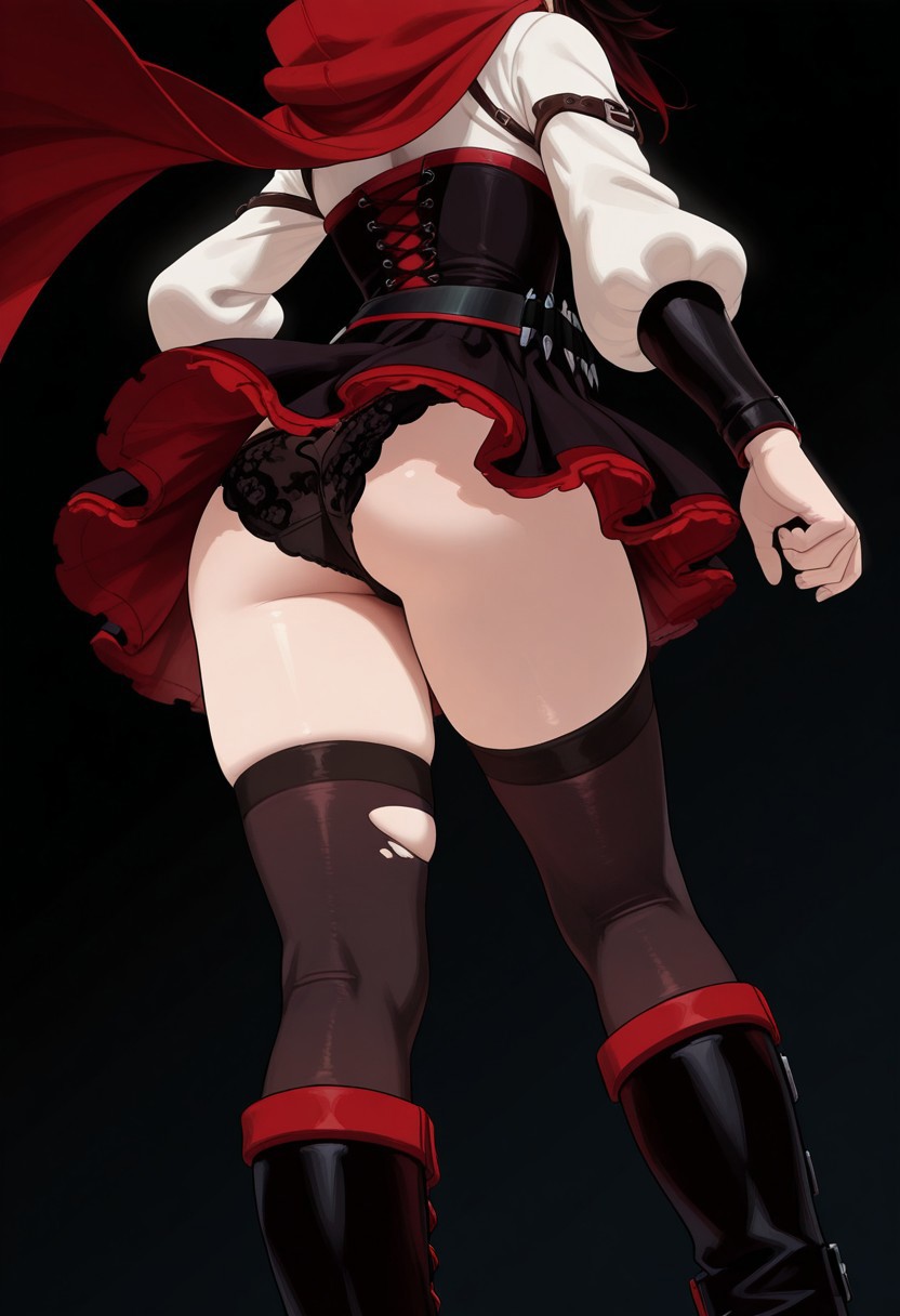1girls, ai generated, ass, ass focus, big ass, black hair, boots, female, female only, knee boots, light skin, light-skinned female, low-angle view, panties, ruby rose, rwby, simple background, solo, solo female, tagme