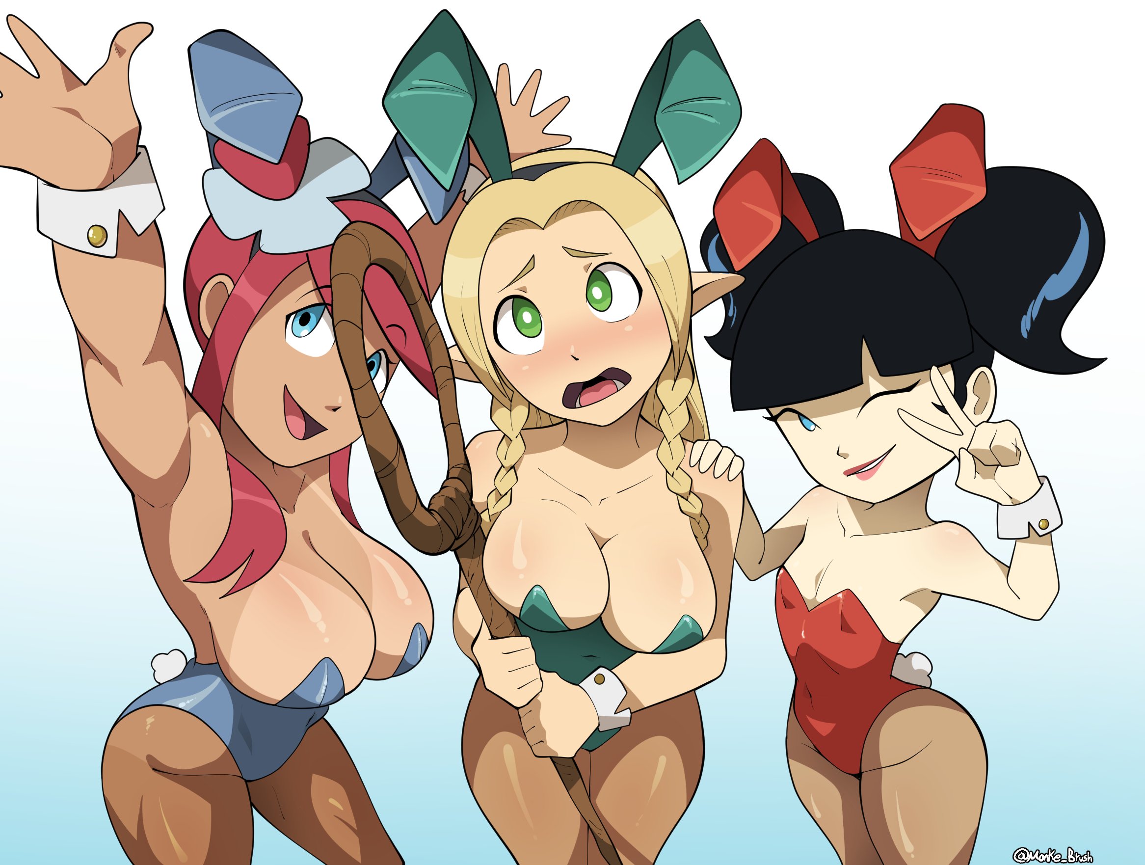 3girls, big breasts, breasts, bunny ears, bunnysuit, crossover, dungeon meshi, eastern and western character, female, female focus, female only, huge breasts, kimiko tohomiko, long hair, marcille donato, monke brush, nintendo, pokemon, pokemon bw, skyla (pokemon), voluptuous, voluptuous female, warner brothers, xiaolin showdown