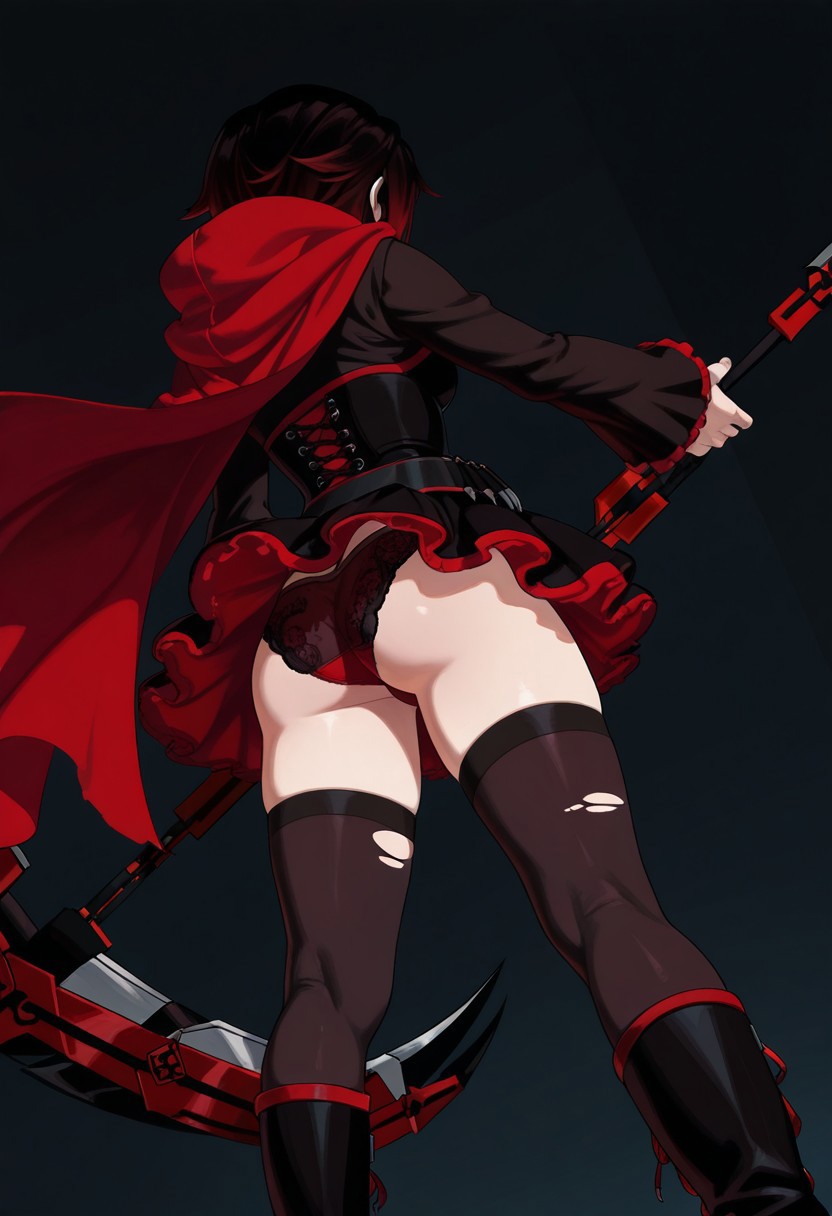 1girls, ai generated, ass, ass focus, big ass, black hair, boots, breasts, female, female only, knee boots, light skin, light-skinned female, low-angle view, panties, ruby rose, rwby, simple background, solo, solo female, tagme