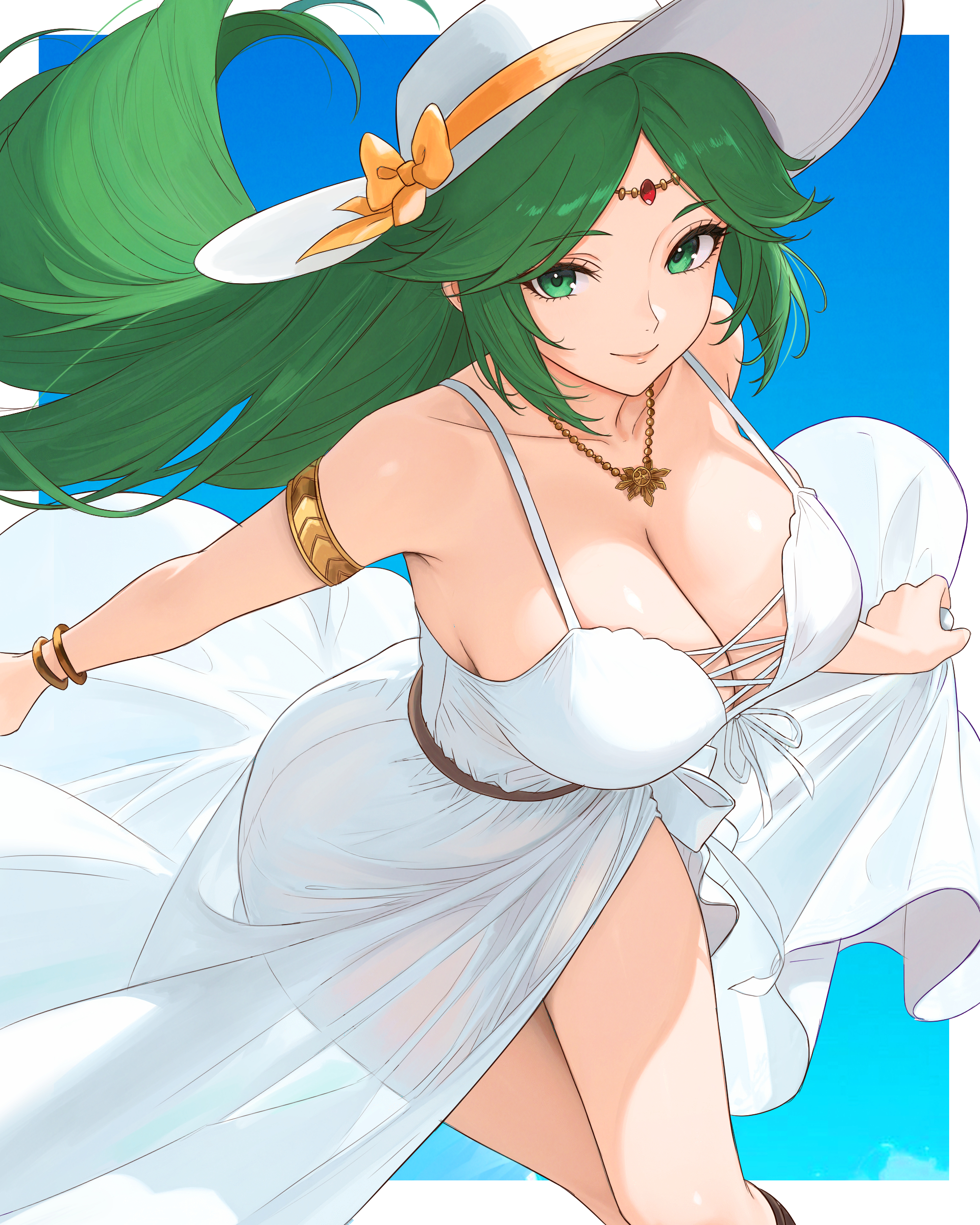 1girls, absurdres, armlet, bare shoulders, bow, bracelet, breasts, circlet, cleavage, closed mouth, dress, female, female only, forehead jewel, gold bracelet, green eyes, green hair, hat, highres, jewelry, kid icarus, kid icarus uprising, large breasts, long hair, looking at viewer, necklace, nintendo, orange bow, palutena, smile, solo, sun hat, sundress, truejekart, very long hair, white dress