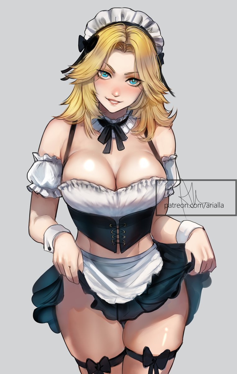 1girls, 2d, arialla draws, blonde female, blonde hair, blue eyes, breasts, cleavage, cute, cute face, fantastic four, female, female focus, female only, gray background, grin, invisible woman, invisible woman (marvel rivals), large breasts, light skin, light-skinned female, looking at viewer, maid, maid headdress, maid uniform, marvel, marvel comics, marvel rivals, pale skin, pale-skinned female, smile, solo, sue richards, sue storm, superheroine, thick thighs, thigh strap, thighs, uniform, wide hips