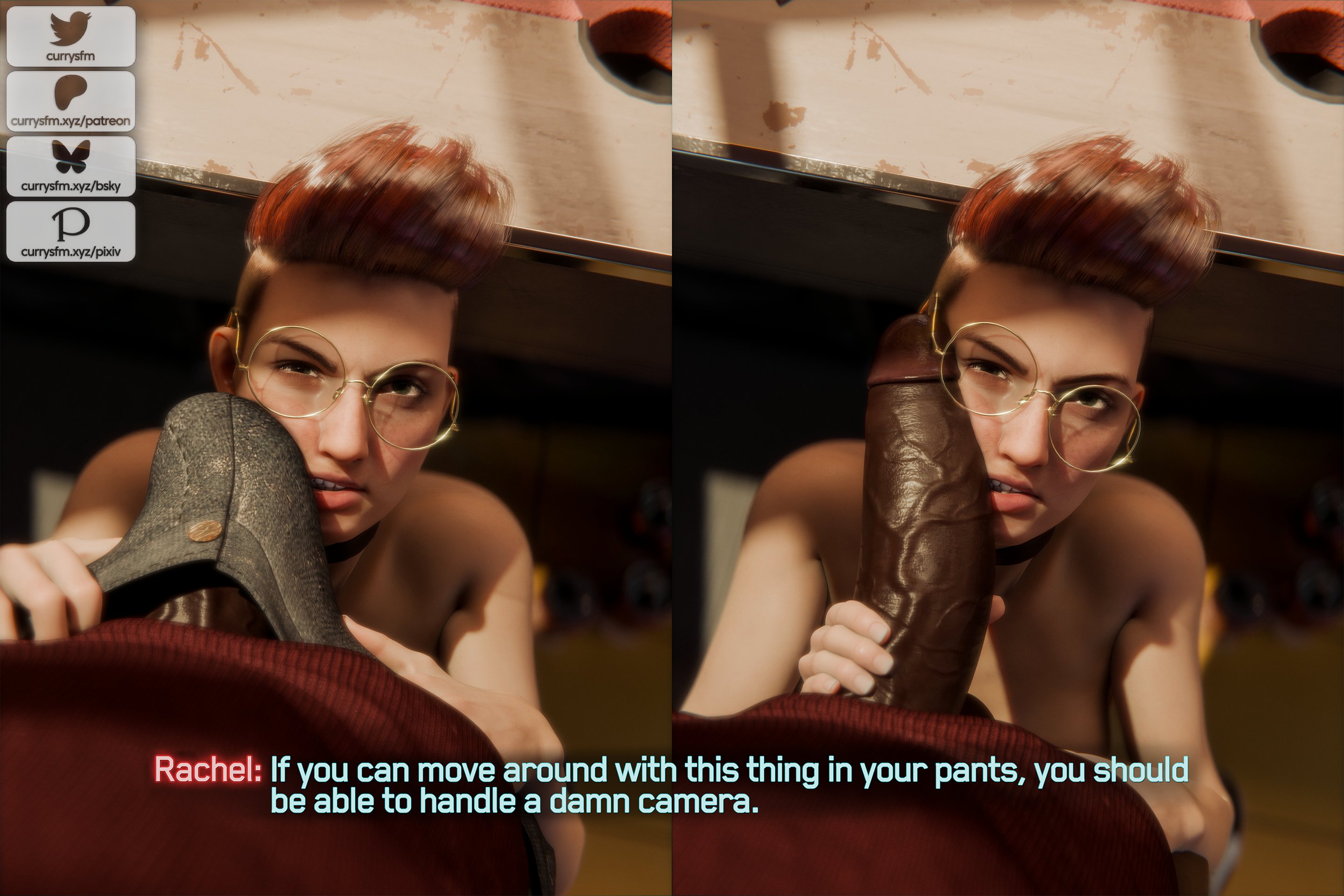 3d, 3d (artwork), angry, angry at viewer, angry female, boxers, bulge, clothed male nude female, completely nude, currysfm, cyberpunk (series), cyberpunk 2077, dark skin, dark-skinned male, erection, female, glasses, glasses askew, imminent interracial, imminent sex, impressed, interracial, light skin, light-skinned female, male, nude, nude female, pale skin, pale-skinned female, penis, pink hair, rachel casich, secretly loves it, side shave, underwear, underwear bulge
