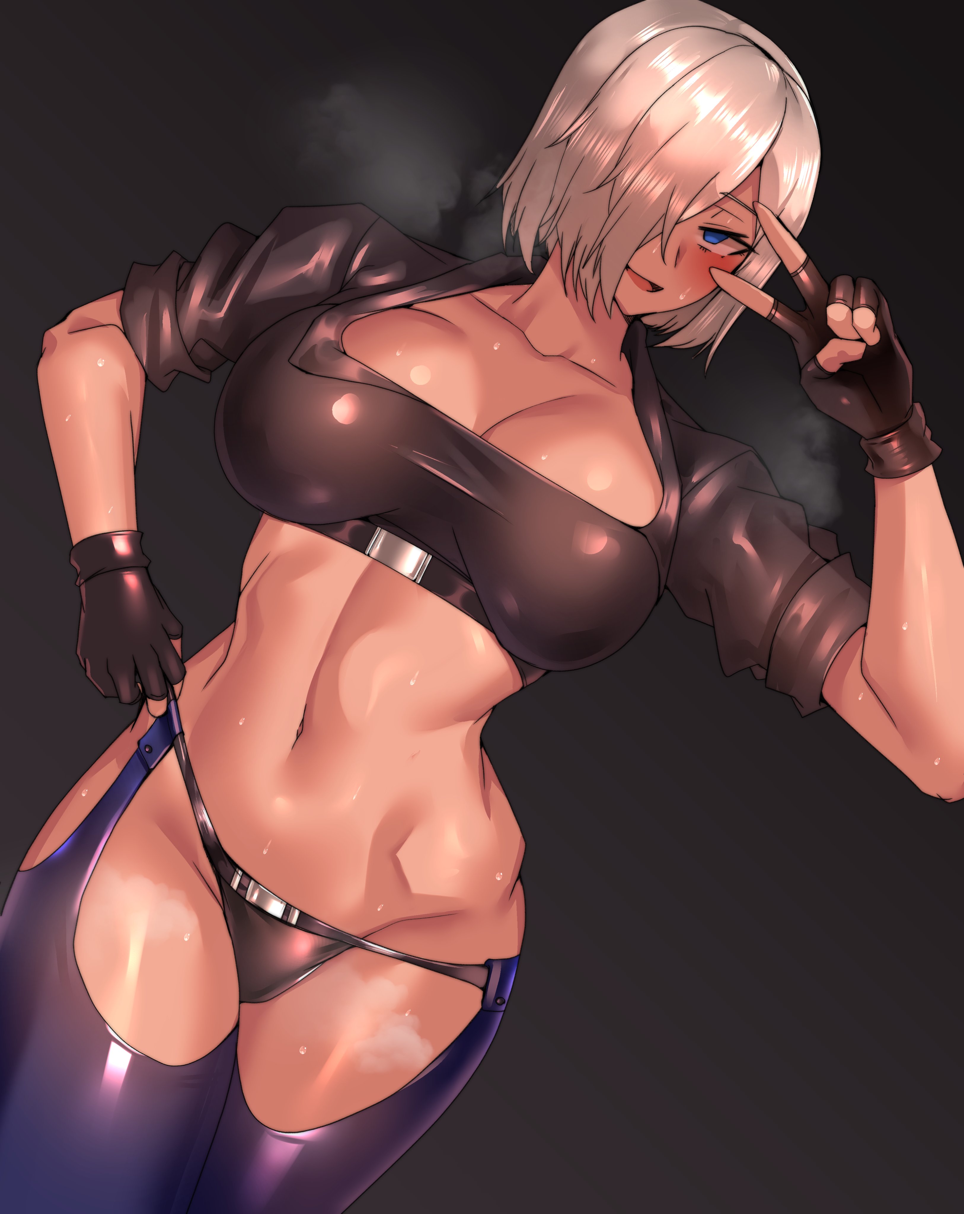 1girls, abs, angel (kof), bare thighs, bbw, bedroom eyes, big breasts, bimbo, black gloves, black panties, black thong, blue eyes, blue legwear, blue stockings, blush, bob cut, breasts, busty, cleavage, crop top, cropped jacket, female, female focus, female only, fingerless gloves, gloves, hair over one eye, hi res, high resolution, highres, hips, hourglass figure, king of fighters, kof, large breasts, leather jacket, legwear, light skin, light-skinned female, looking at viewer, medium hair, naughty face, open mouth, pale skin, pale-skinned female, panties, panty pull, peace sign, perky breasts, pinup, pizzalover12, pose, posing, shoulder length hair, silver hair, skimpy, skimpy clothes, snk, solo, solo female, solo focus, standing, stockings, sweat, sweatdrop, sweating, sweaty, sweaty body, the king of fighters, thong, toned, toned body, toned female, toned stomach, v, very high resolution, wide hips