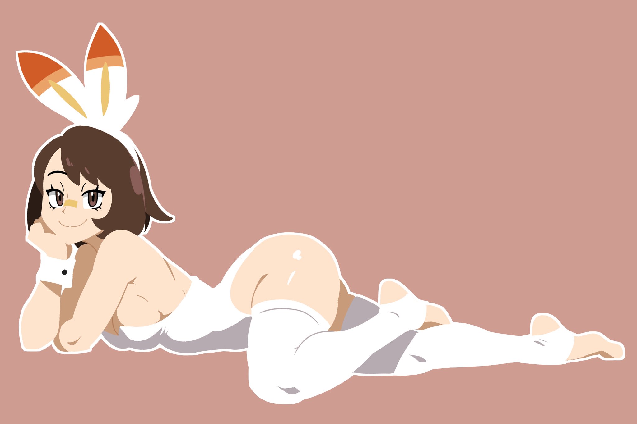 aussy, bare shoulders, big breasts, breasts, brown eyes, brown hair, bunny ears, bunny girl, bunnysuit, feet, female, female only, game freak, gloria (pokemon), head on hand, large ass, laying down, leotard, looking at viewer, nintendo, pokemon, pokemon (cosplay), pokemon ss, scorbunny (cosplay), short hair, simple background, smile, smug, solo, solo female, stirrup legwear, thigh highs