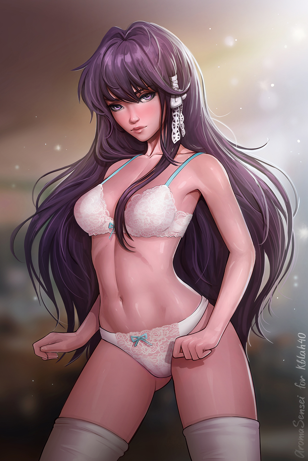 aroma sensei, bra, breasts, clannad, cleavage, female, female only, fujibayashi kyou, looking at viewer, panties, solo, stockings, thighhighs