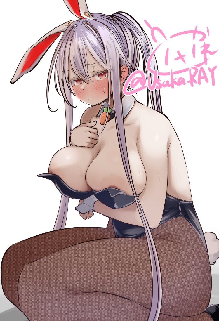 1girls, big breasts, blush, breasts, bunny ears, bunny girl, bunny tail, bunnysuit, cleavage, female, fishnets, imperishable night, kneeling, large breasts, long hair, purple hair, red eyes, reisen udongein inaba, solo, straight hair, tagme, touhou, usaka ray