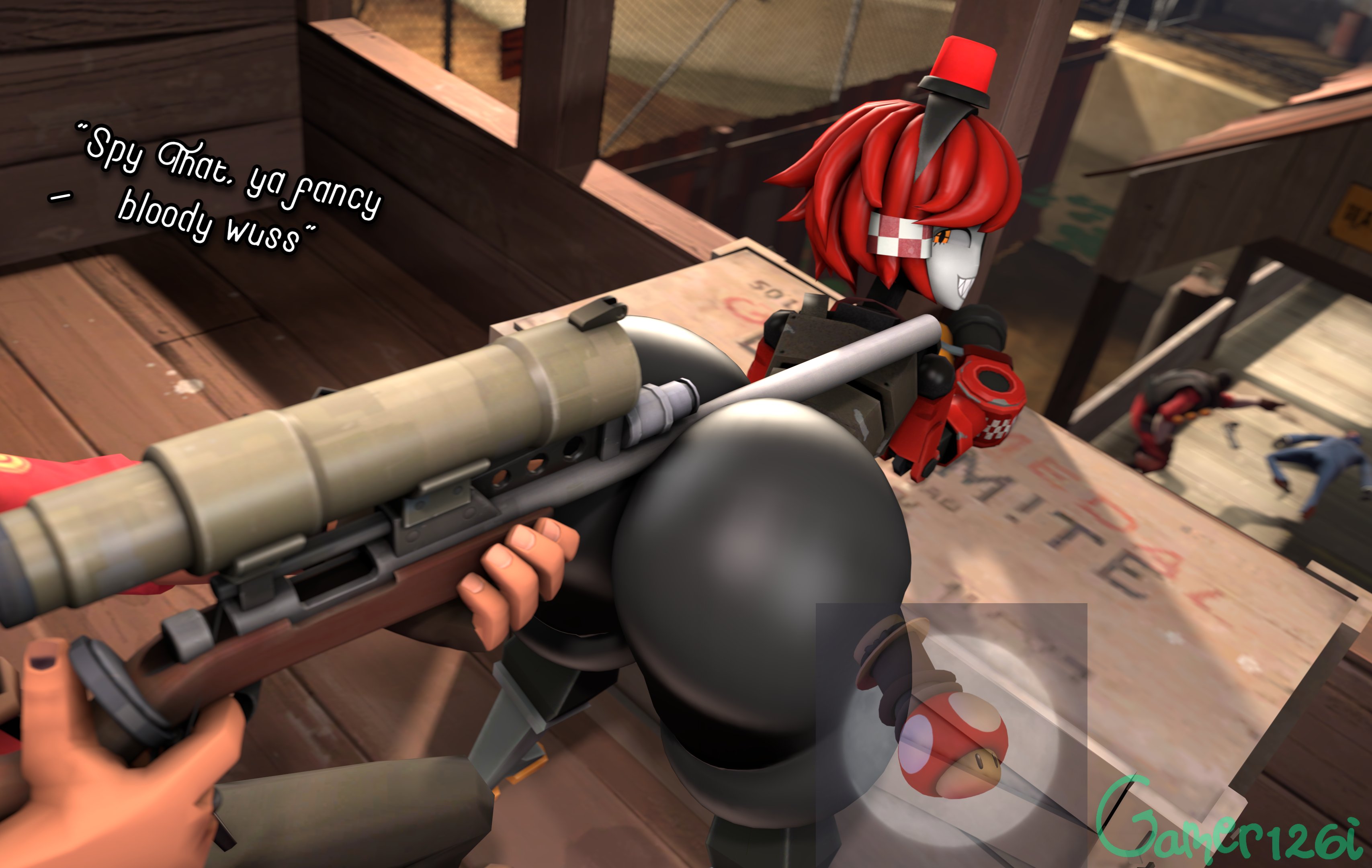 2fort, 3d, background death, big ass, death, dell spencer, demoman (team fortress 2), dialogue, gamer126i, hot dogging, logo, male, male death, malicious smile, nonsexual death, render, sentry (team fortress 2), sniper (team fortress 2), sniper rifle, spy (team fortress 2), tagme, team fortress 2