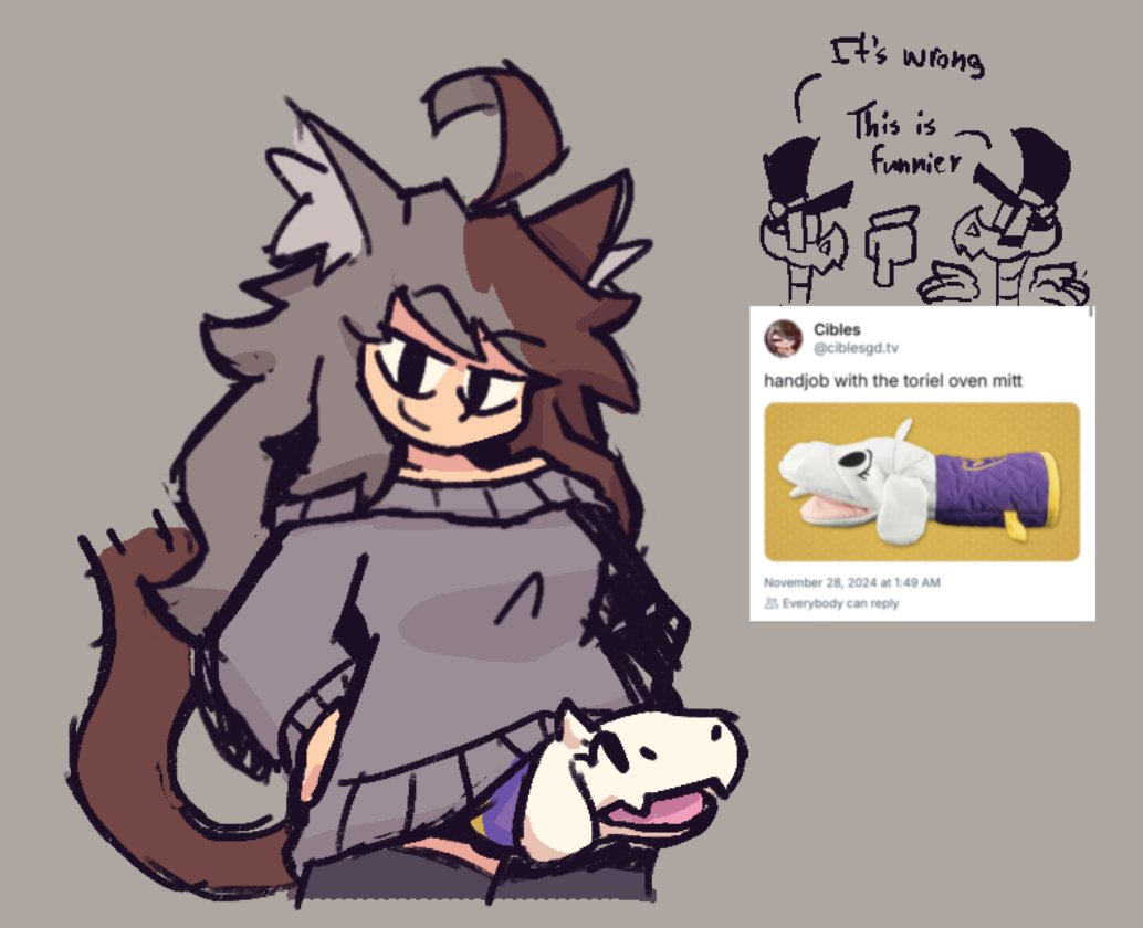 1girls, aboredsnek, brown hair, cat ears, cat girl, cat tail, catgirl, ciblesgd, deltarune, female, grey hair, long hair, looking at viewer, penis, sock on penis, sweater, toriel, toriel oven mitt, trans woman, twitter user oc, undertale, undertale (series), virtual youtuber, vtuber, youtube